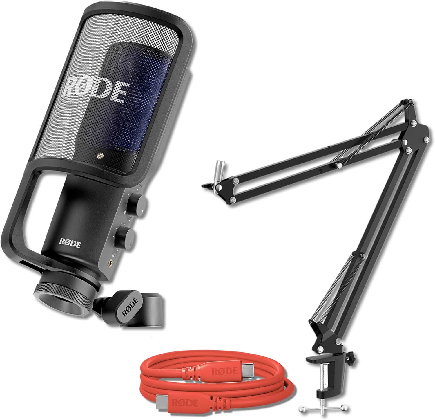 Rode NT-USB+ USB Condenser Microphone Bundle with StreamEye BOOMARM1 Boom Arm and SC27 Red 6.6-Foot USB-C Cable — Cardioid USB-C Studio Mic for Gaming, Twitch Streaming, Esports, Content Creation