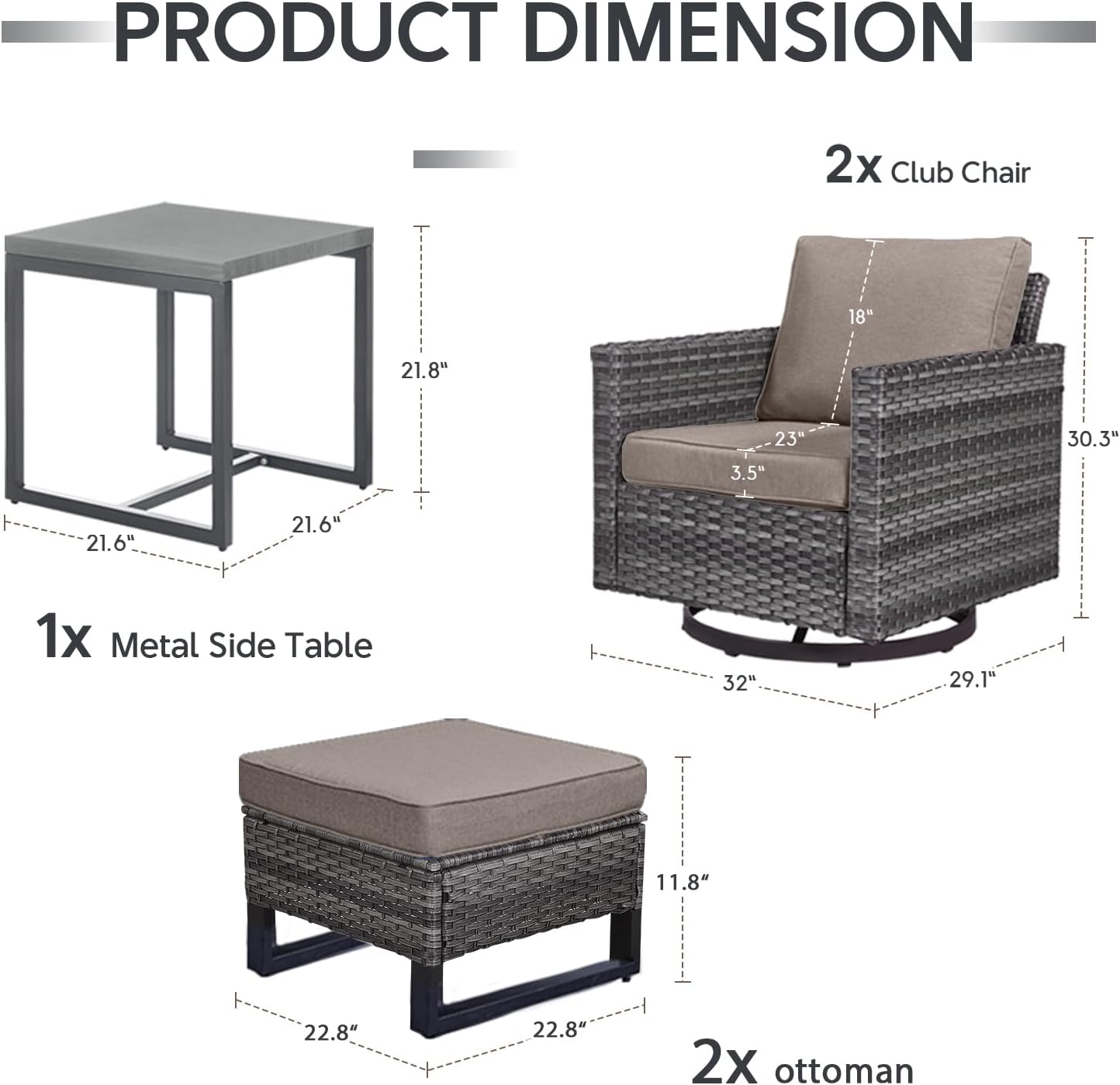 Outdoor Swivel Rocker Chairs - 5 Piece Patio Bistro Set Wicker Patio Rocking Chairs Set with Side Table and Ottomans, 360° Swivel Glider Proch Furniture for Balcony Deck - Grey/Grey