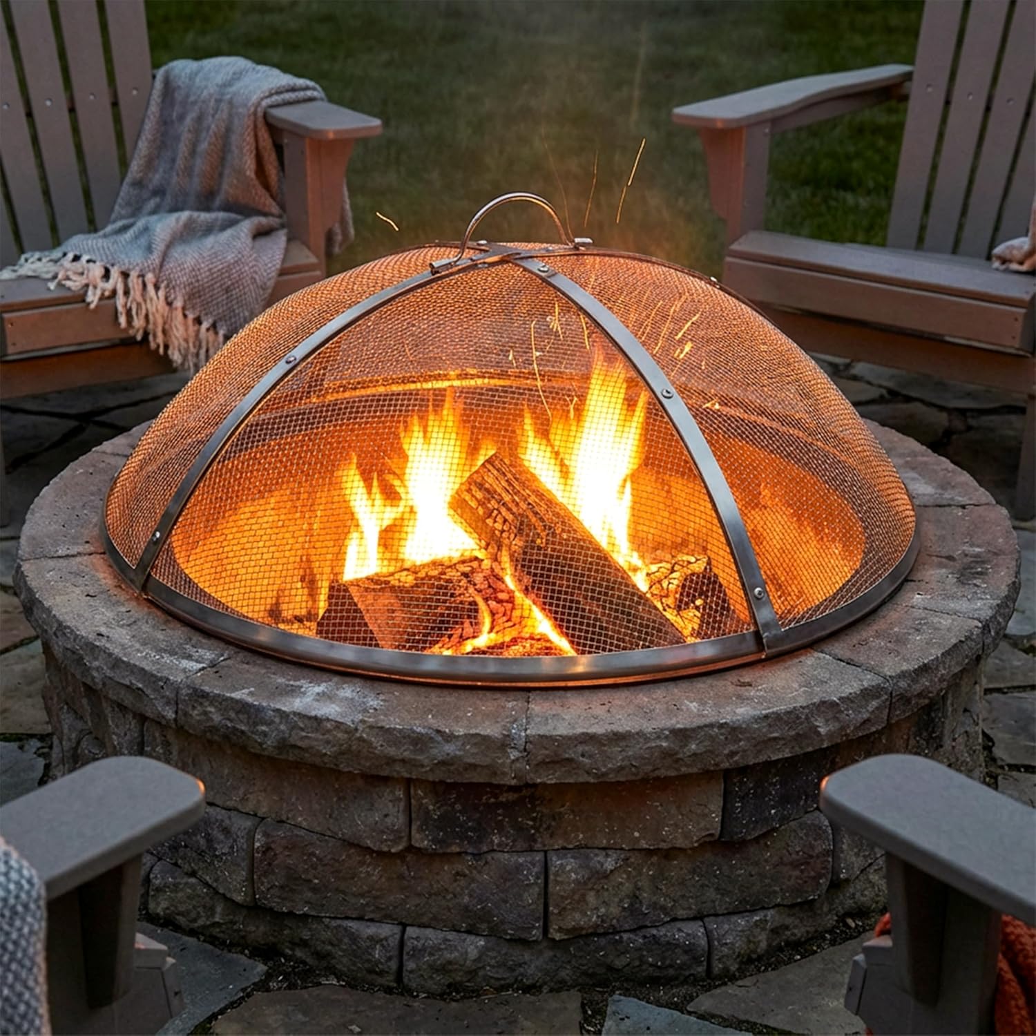 Sunnydaze Round Stainless Steel Spark Screen - Rust-Resistant Heavy-Duty Metal Fire Pit Spark Screen with Handle - 30