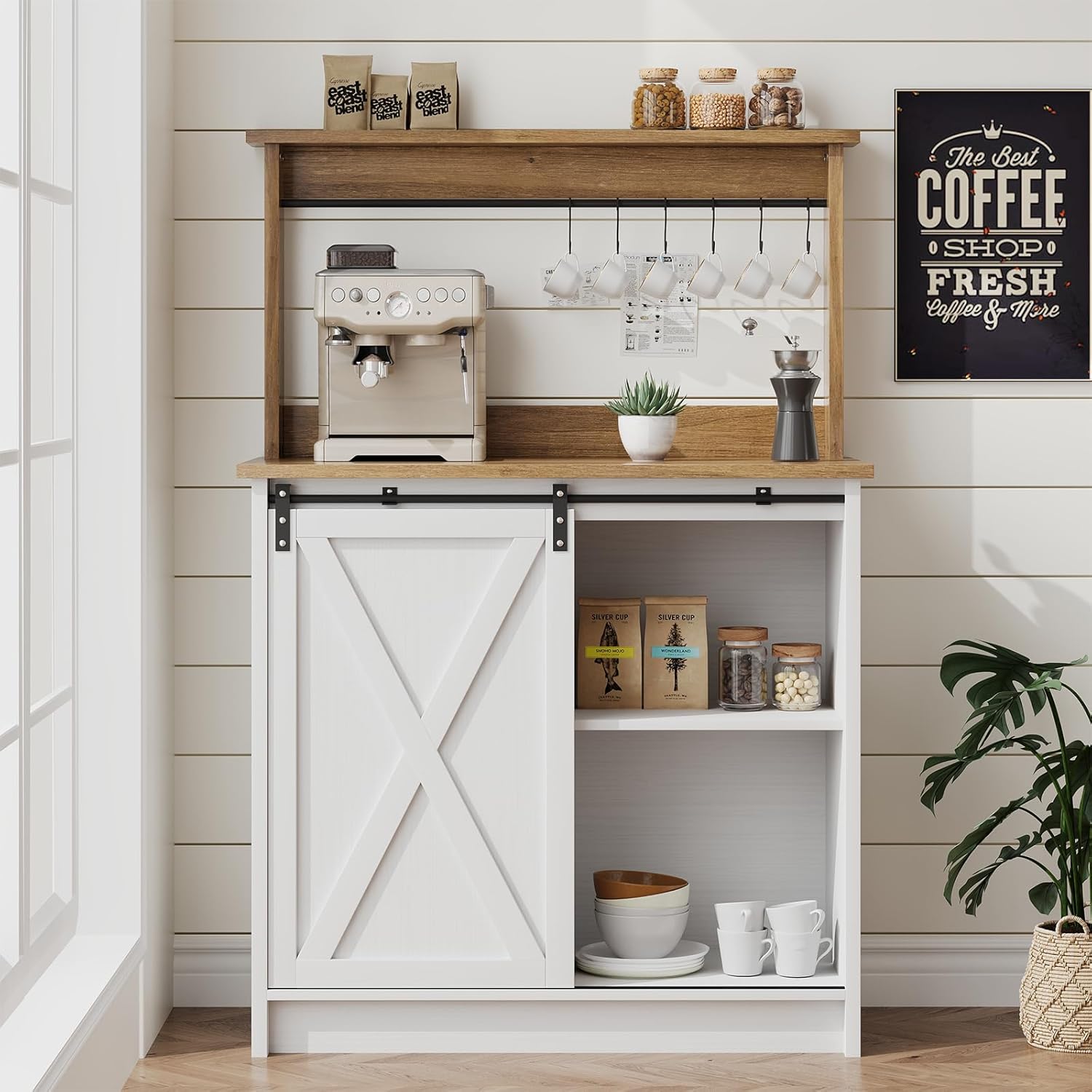Farmhouse Coffee Bar with Hutch, White Coffee Bar Cabinet with Storage Sliding Barn Door, 31 Inch Buffet Cabinet with 6 Hooks, Coffee Bar Table with Adjustable Shelves for Living Dining Room
