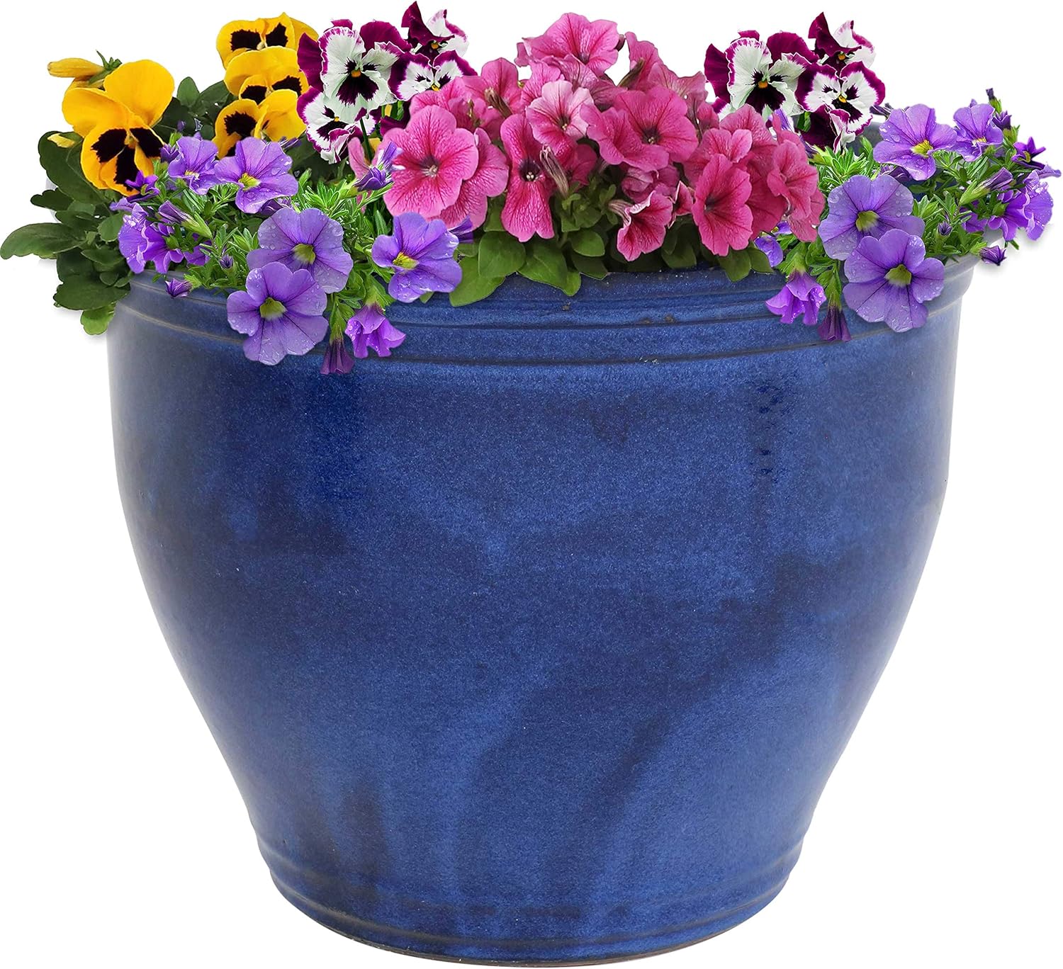 Sunnydaze Large Ceramic Plant Pot - Round Outdoor Glazed Ceramic Planter Pot with Drainage - Studio - Imperial Blue - 18.5