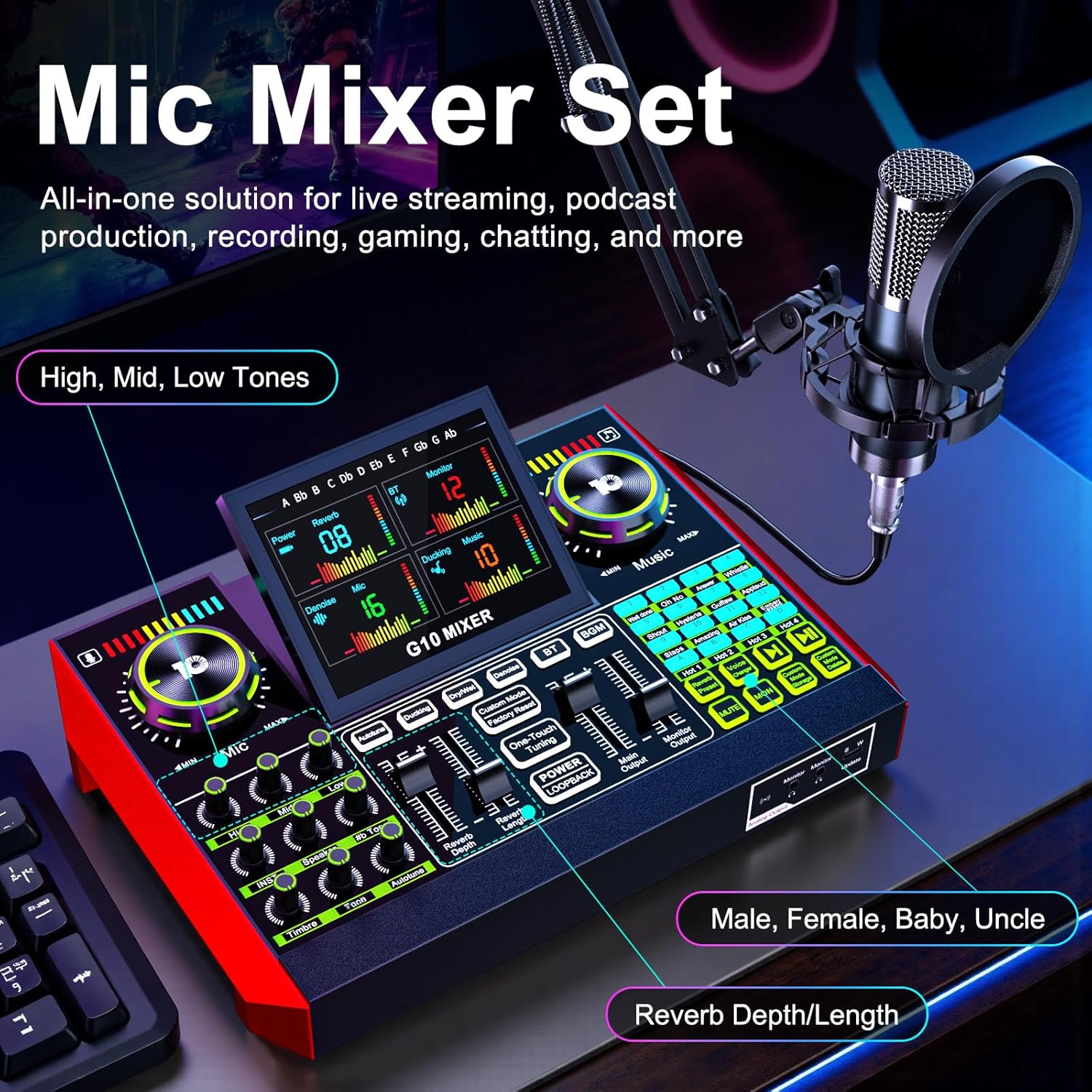 Podcast Equipment Bundle with 3.5mm P15 Condenser Microphone for Pc/Phone Live Streaming Singing Gaming, Podcast Microphone Bundle with Live Sound Board Audio Mixer,Voice Changer, Denoise,DJ Sets