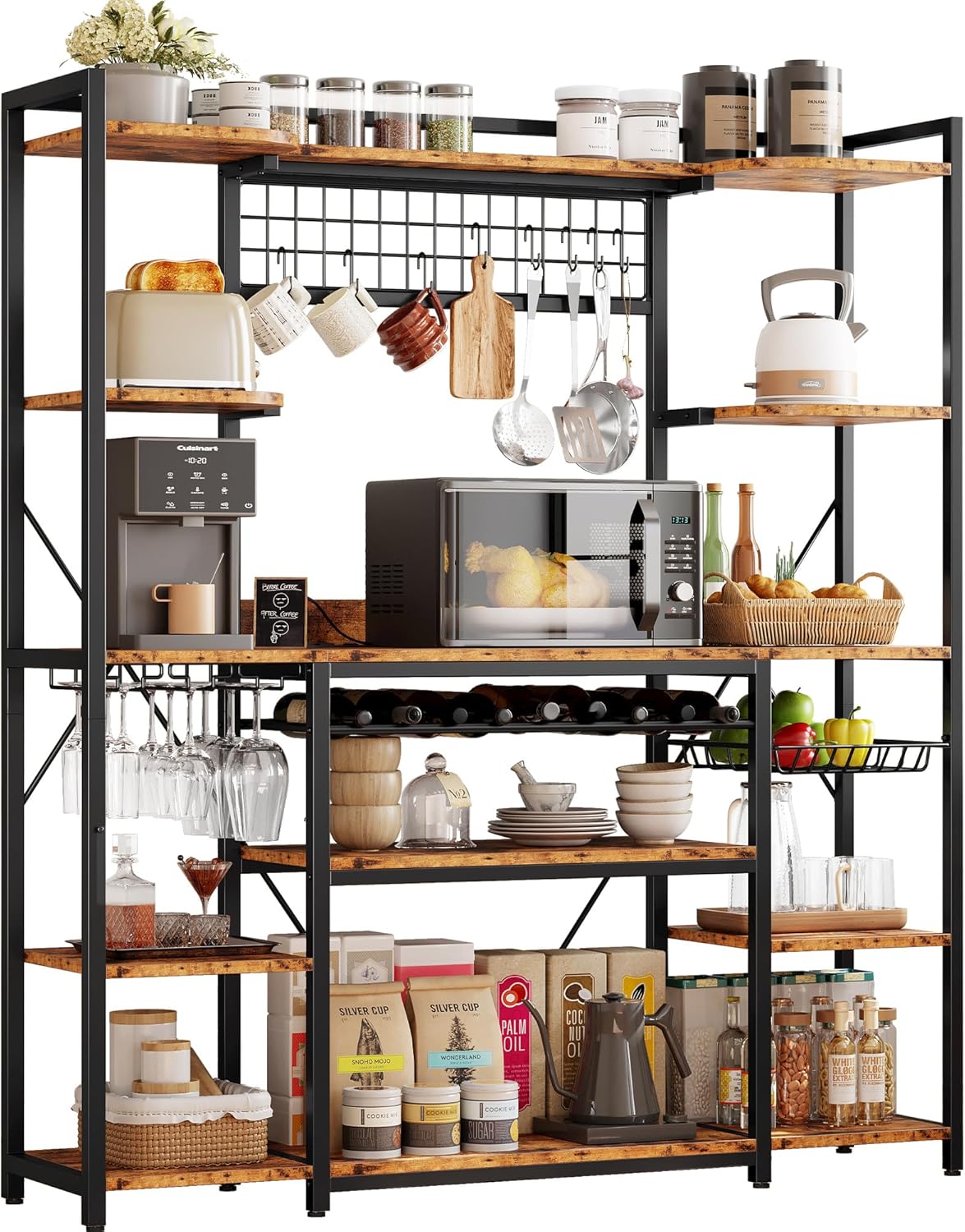IRONCK Large Bakers Rack with Power Outlet, 62 Inch Wide Microwave Stand, Coffee Bar with Storage, Kitchen Racks and Shelves, Vintage Brown