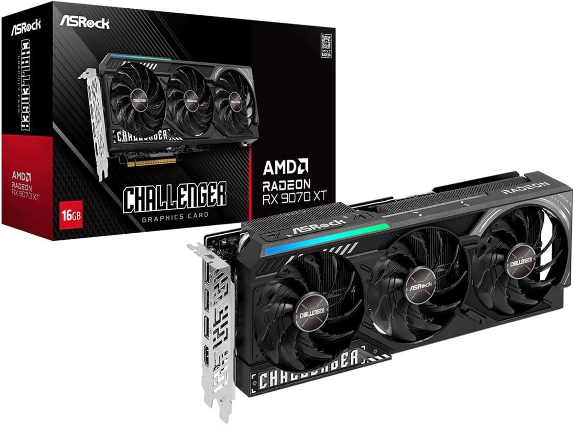 ASRock Radeon RX 9070 XT Challenger 16GB OC Graphics Card - AMD RDNA 4 Architecture, 2970 MHz Boost Clock, 16GB GDDR6, PCIe 5.0, DisplayPort 2.1a, HDMI 2.1b, Triple Fan Cooling 800W