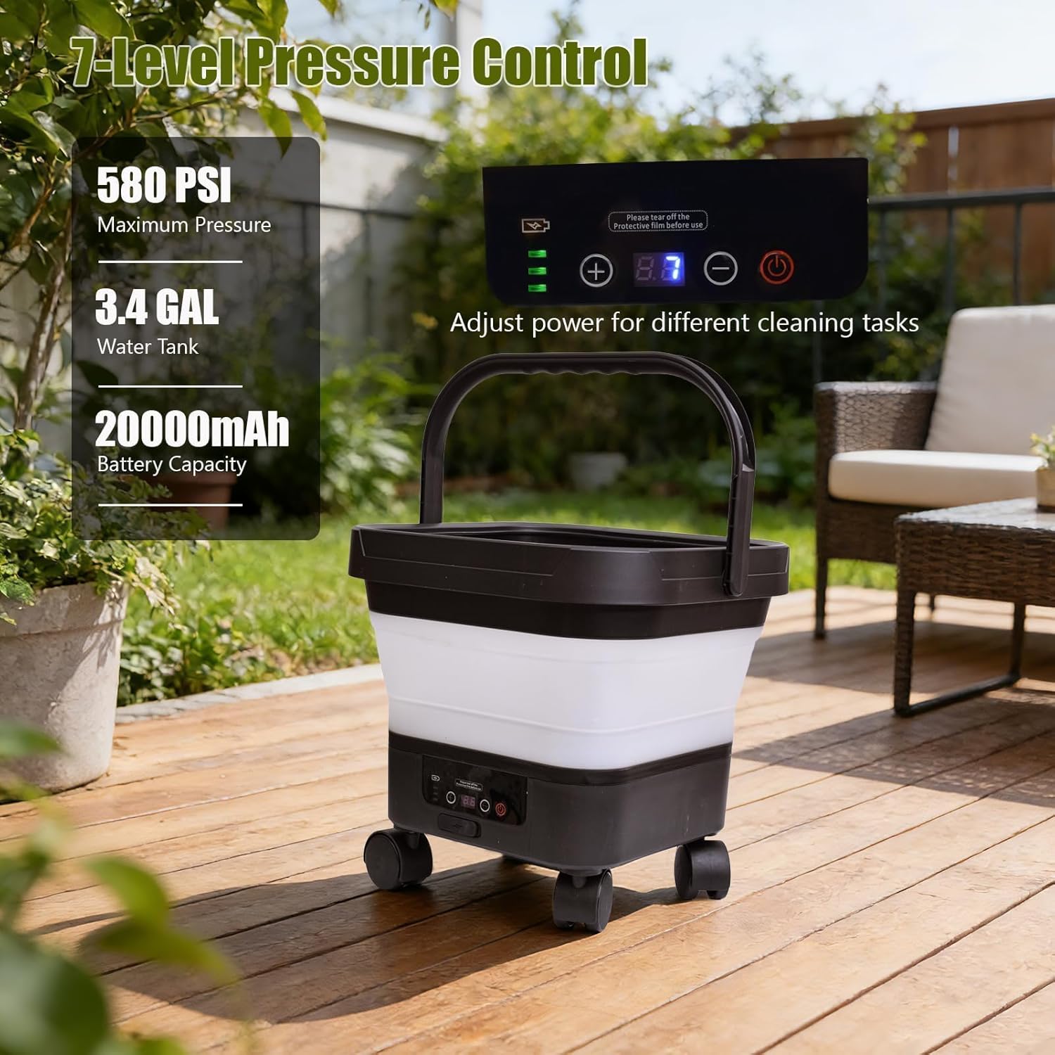 Portable Cordless Washer with 3.4Gal Tank, 580PSI, 7-Level Adjustable Sprayer, 360° Rotating Nozzle, 23FT Hose, 20000mAh Battery, Foldable Design with Wheels for Car, Camping, Garden