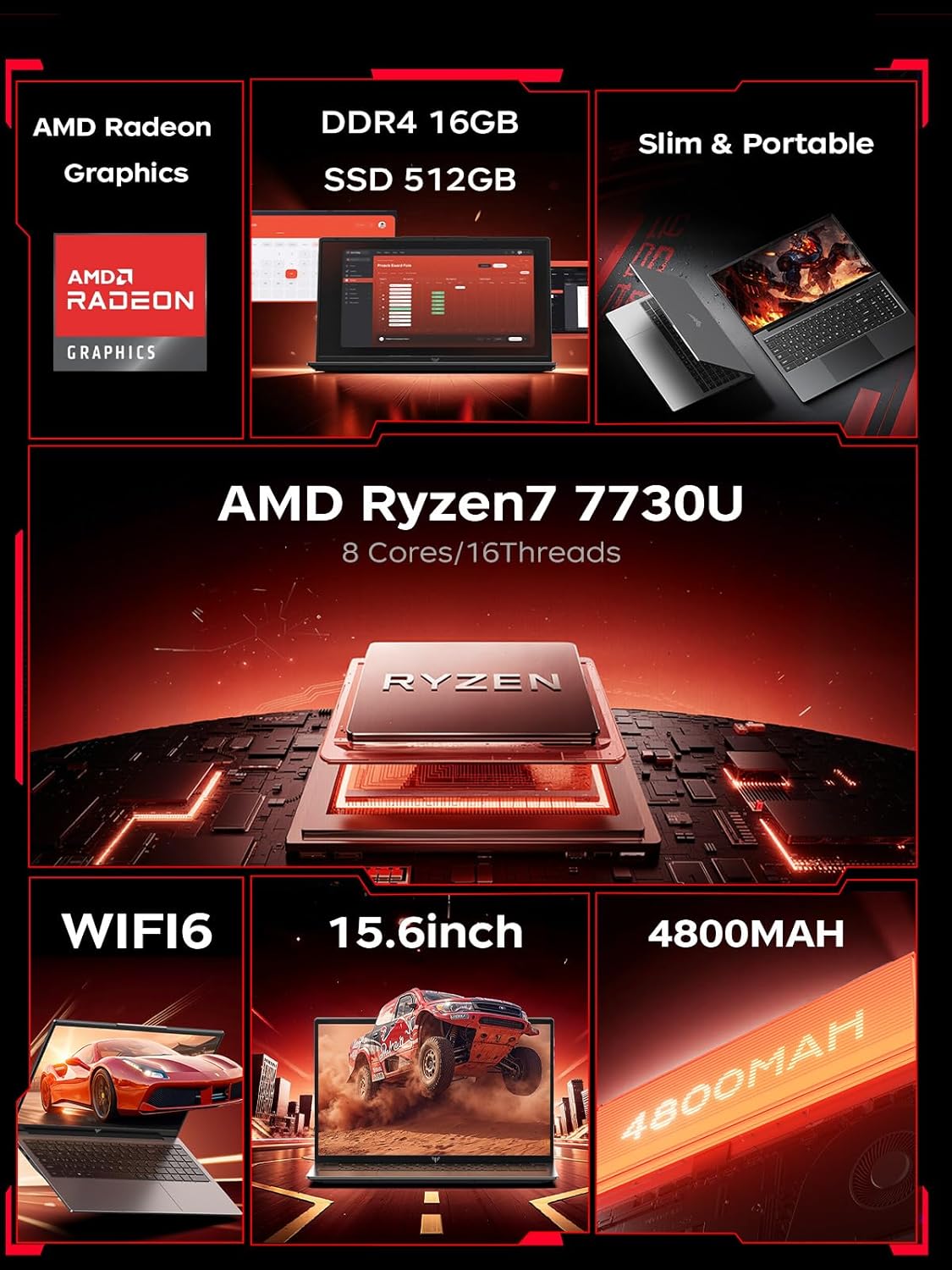 KAIGERR 2026 New Light Gaming Laptop, 15.6inch Laptop Computer with AMD Ryzen 7 7730U(8C/16T, Up to 4.5GHz), 16GB RAM 512GB NVMe SSD Windows 11 Laptop, Radeon RX Vega 8 Graphics,WiFi 6