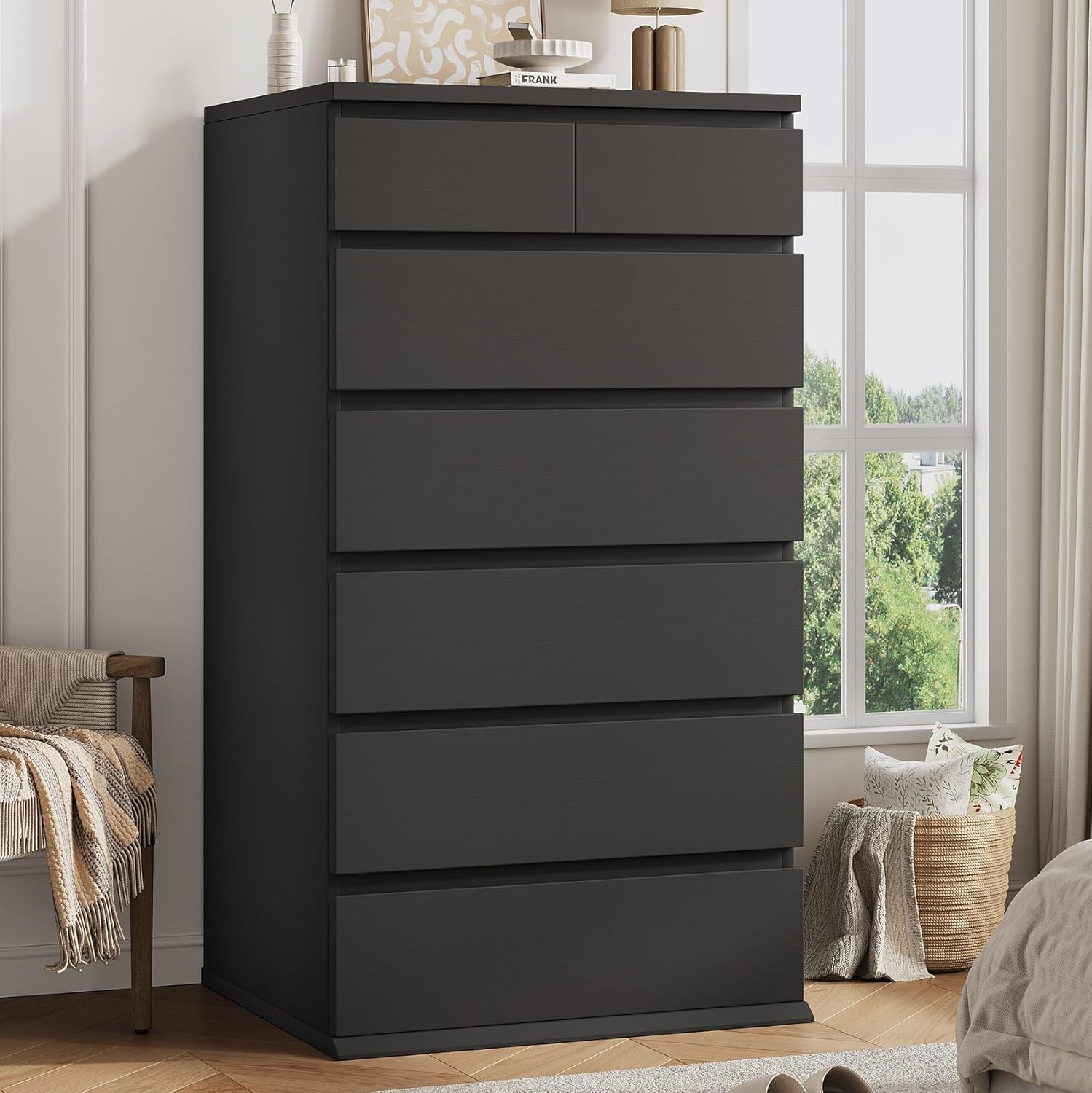 Black Tall 7 Drawer Dresser for Bedroom, Modern Wood Closet Dressers & Chests of Drawers with Jewelry Storage, 23.6