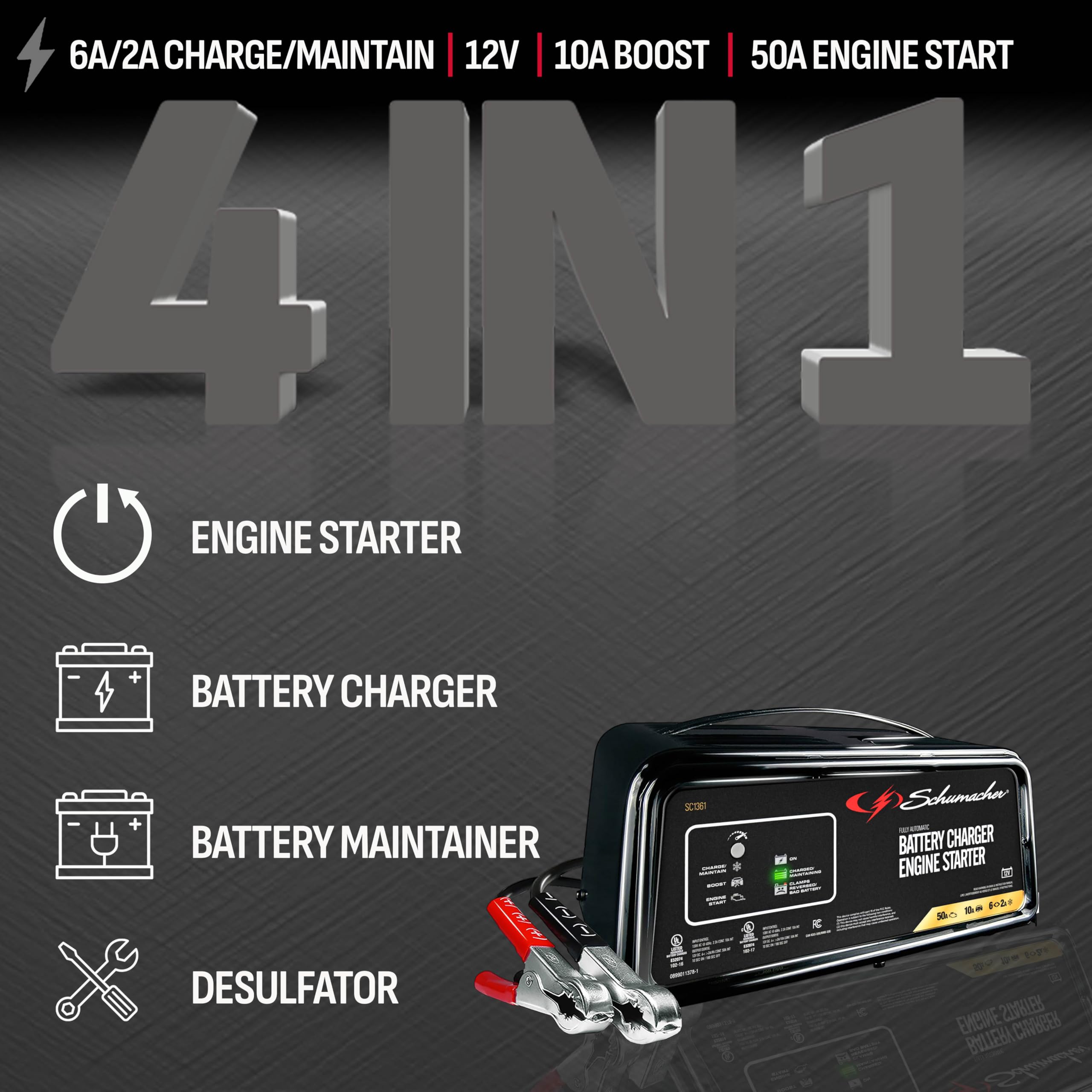 SCHUMACHER ELECTRIC 6A Car Battery Charger & 50A Engine Starter, 4-in-1