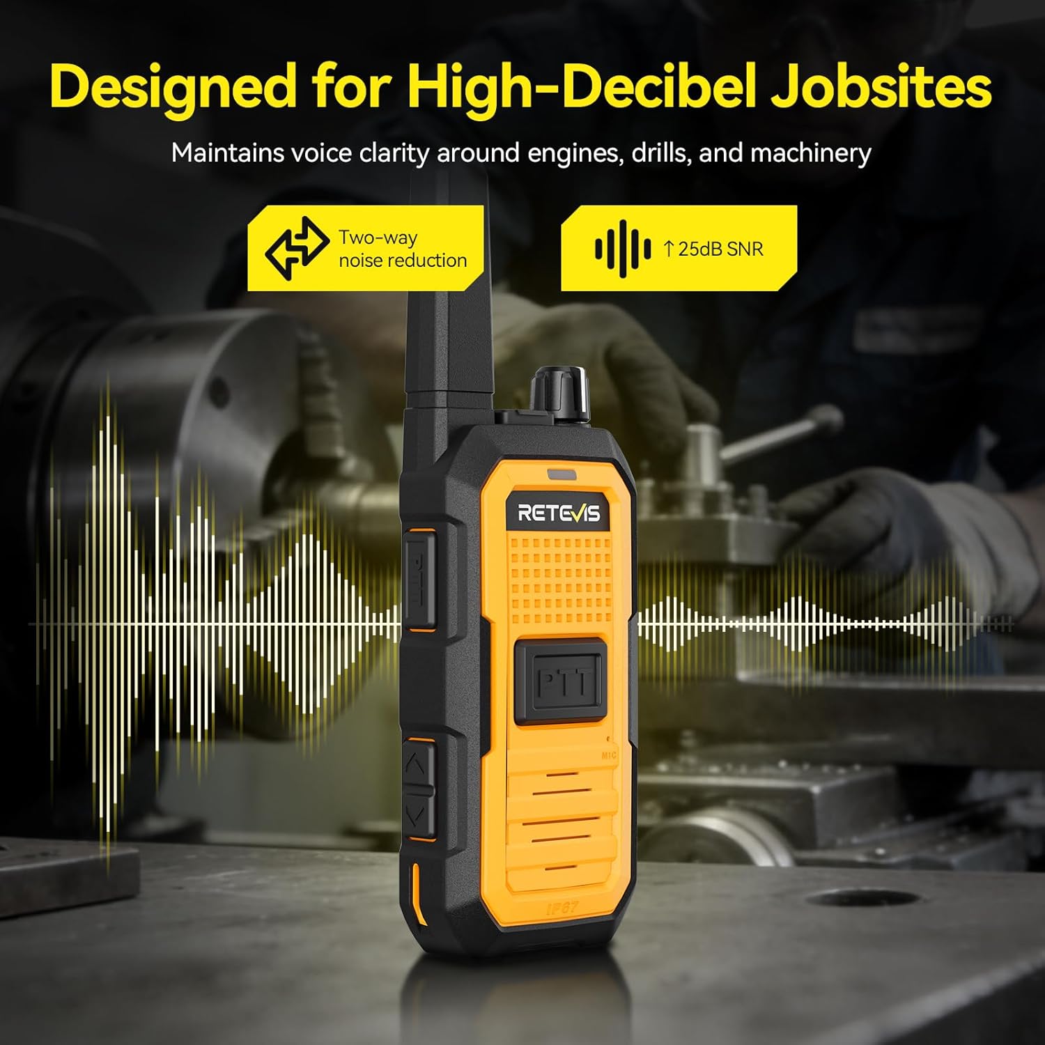 Retevis RB48A IP67 Waterproof Walkie Talkies Long Range Adults, Heavy Duty 2 Way Radio, Noise Reduction, Large PTT, 1000mW Speaker, 23-Hour, Rechargeable, for Manufacturing Construction (10 Pack)