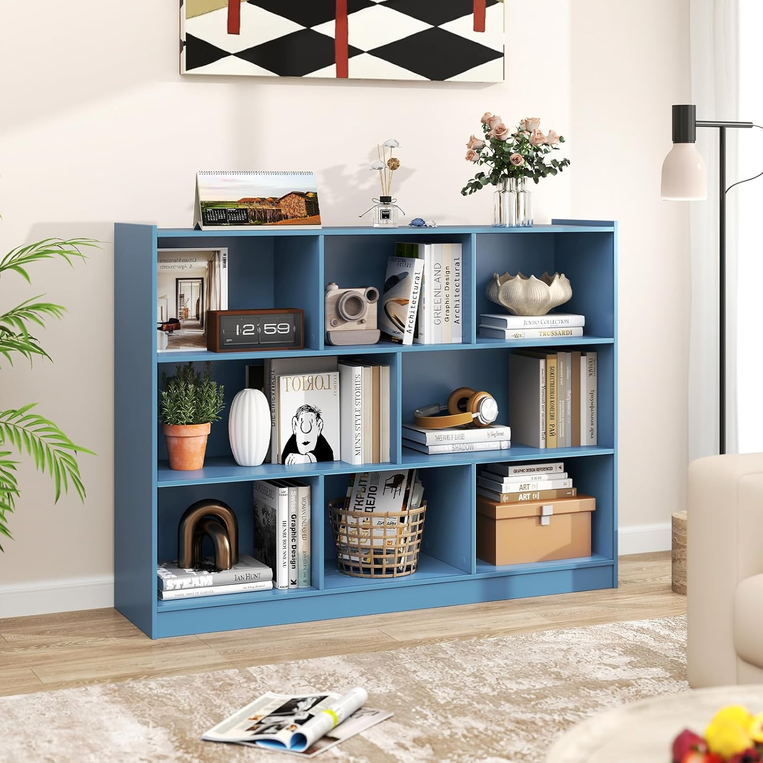 Giantex 8 Cube Bookcase, Freestanding 3-Tier Open Bookshelf, Modern Storage Display Cabinet, Wood Cube Storage Organizer for Living Room, Kid's Room, Bright Blue