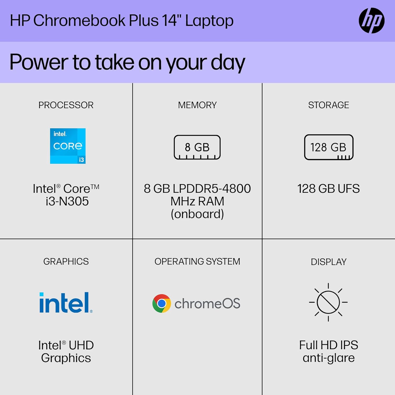 HP Chromebook Plus 14 inch Laptop, FHD Display, Intel Core i3-N305, 8 GB RAM, 128 GB UFS, Intel UHD Graphics, Chrome OS 14a-nf0050nr (2024)