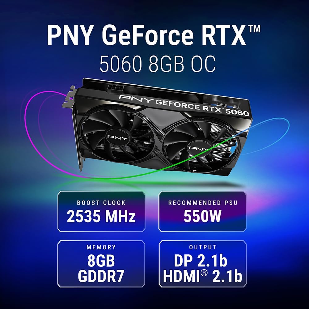 PNY NVIDIA GeForce RTX™ 5060 OC Dual Fan, Graphics Card (8GB GDDR7, 128-bit, SFF-Ready, PCIe® 5.0, HDMI®/DP 2.1, 2-Slot, NVIDIA Blackwell Architecture, DLSS 4)