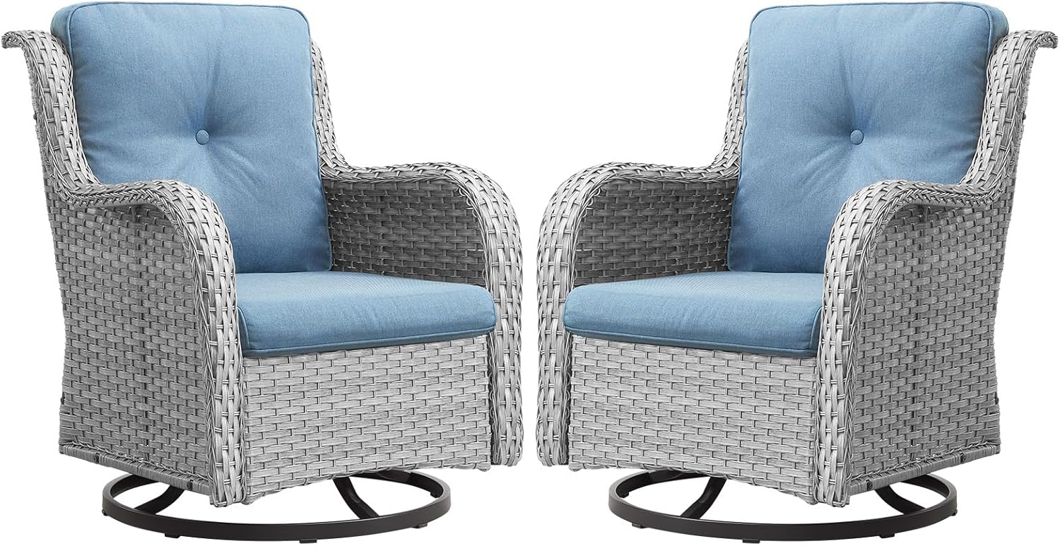 Wicker Swivel Patio Chairs - 2 PCS Outdoor Swivel Rocker Armchairs, Patio Glider Seating with High Back Deep Seat for Porch Deck Balcony, Light Grey/Baby Blue