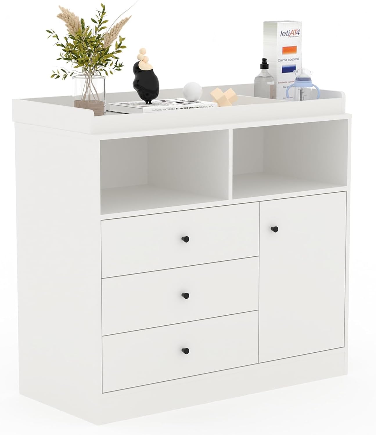 IDEALHOUSE Modern Nursery Dresser Changing Table – Wooden Baby Changing Station with 3 Drawers, Cabinet & 2 Open Shelves – Bedroom or Kids Room Storage Organizer