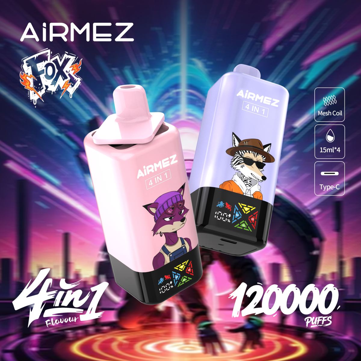 EU Warehouse Airmez FOX 4 In 1 120k Puff 120000 Disposable Vape Svapo Ricaricabile