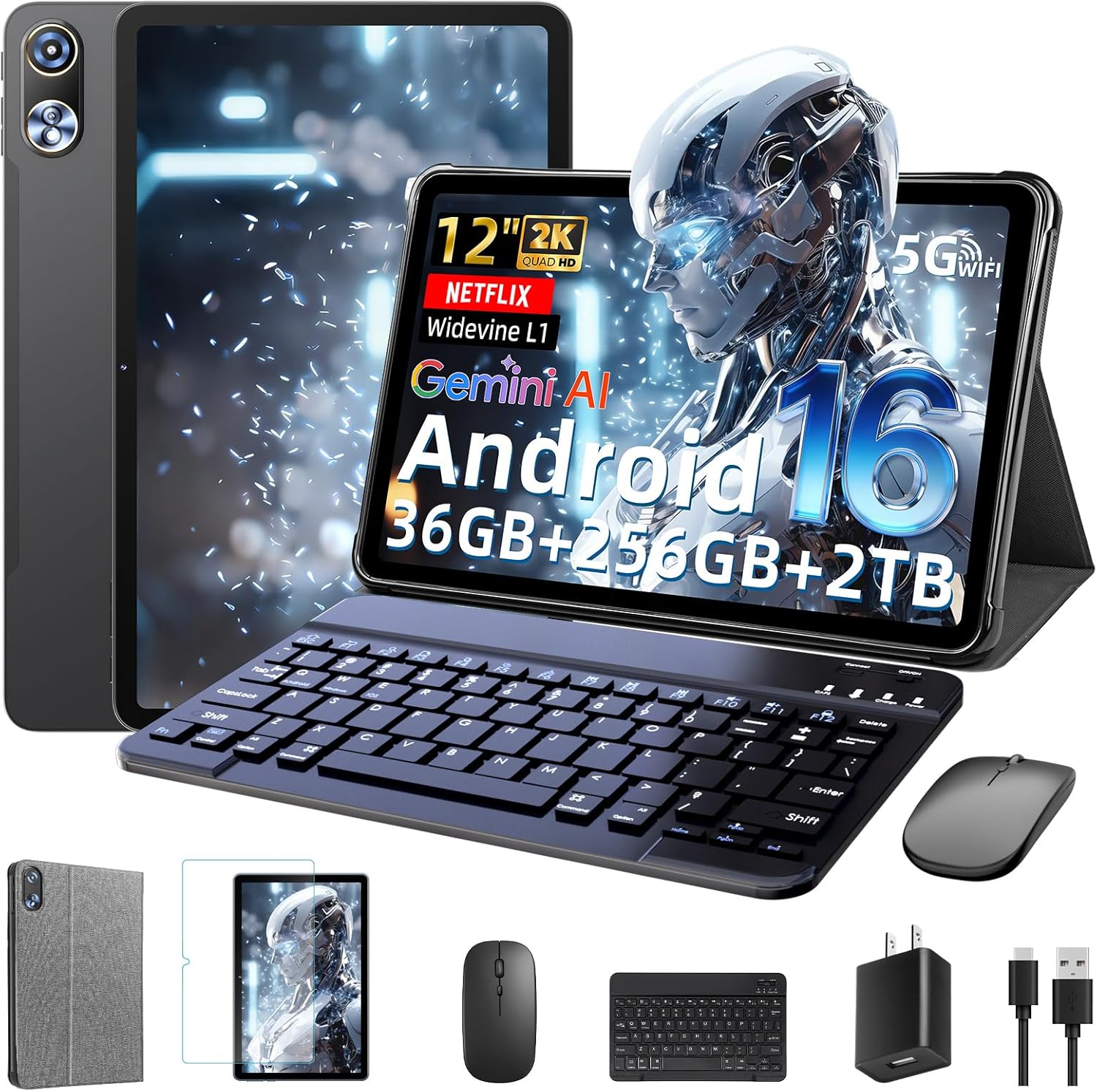 Raemond Android 16 Tablet 12 Inch with Keyboard, T7250 Octa-Core, 36GB RAM + 256GB ROM, 2000x1200 IPS 90Hz HD Display, 20MP+8MP, 9000mAh, Widevine L1, GPS, 2 in 1 Tablets with Mouse Stylus Gemini AI