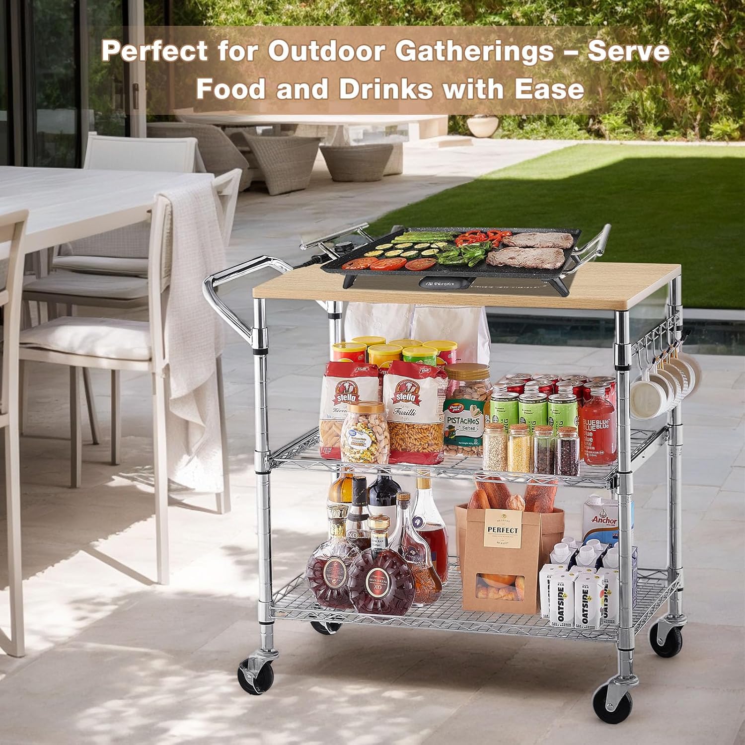3 Tier Rolling Kitchen Cart with Wood Tabletop, Kitchen Island Carts with Wheels & Slider Shelf, Microwave Cart on Wheels, Coffee Cart with Hooks, 35.4