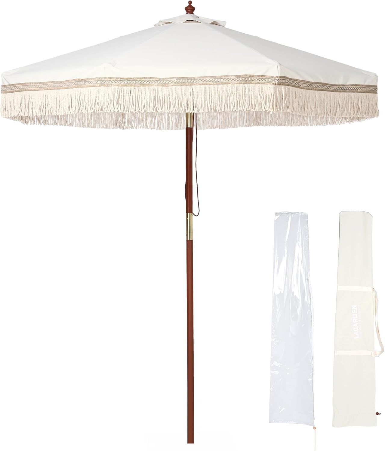 LAGarden Boho Market Wood Fringe Patio Umbrella with Carry Bag Tassels for Outdoor Event Garden Yard House Wedding Party Deck Poolside Sun Shade Parasol