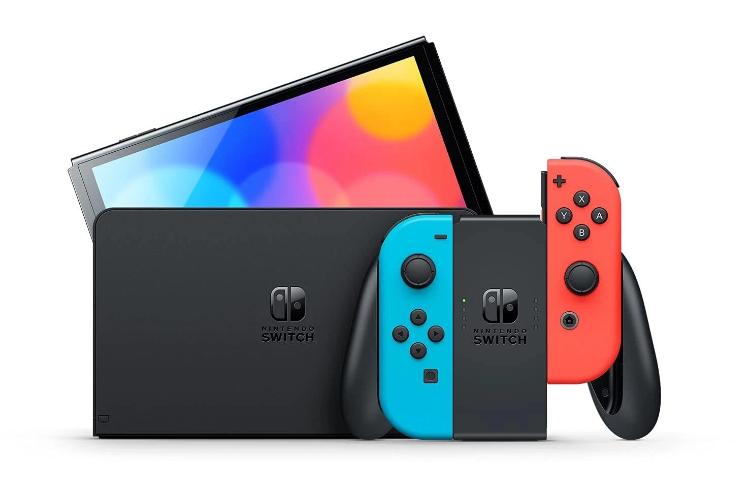 Nintendo Switch OLED Model – Neon Red & Neon Blue Joy-Con (Japan Spec, 7″ OLED, 64GB, Wired LAN Dock, Region-Free, Enhanced Audio)