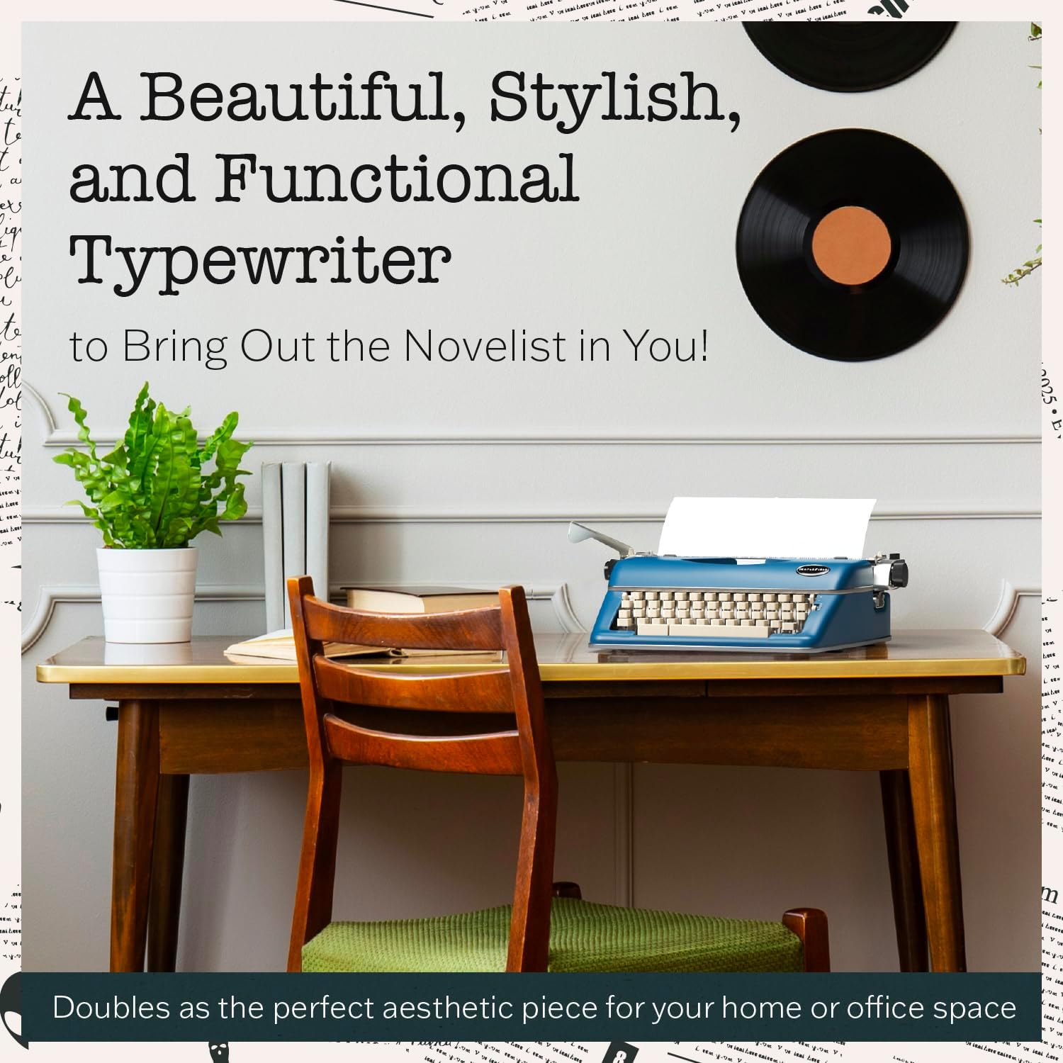 Maplefield Vintage Manual Typewriter - Tactile Typewriter Keyboard - Blue Accent for Office Desk Decor - Portable Typing Machine - Blue