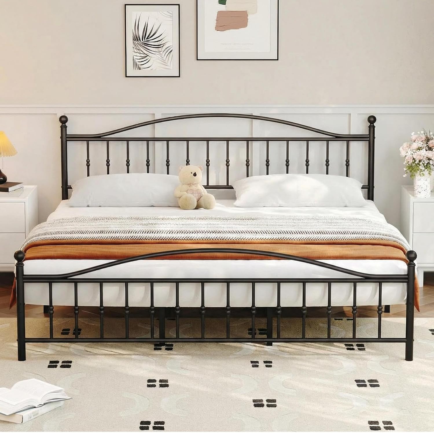 IDEALHOUSE King Size Bed Frame,Classic Metal Platform Bed Frame with Victorian Vintage Headboard/Footboard,Mattress Foundation with Noise Free,Underbed Storage,No Box Spring Needed,Steel Slat Support