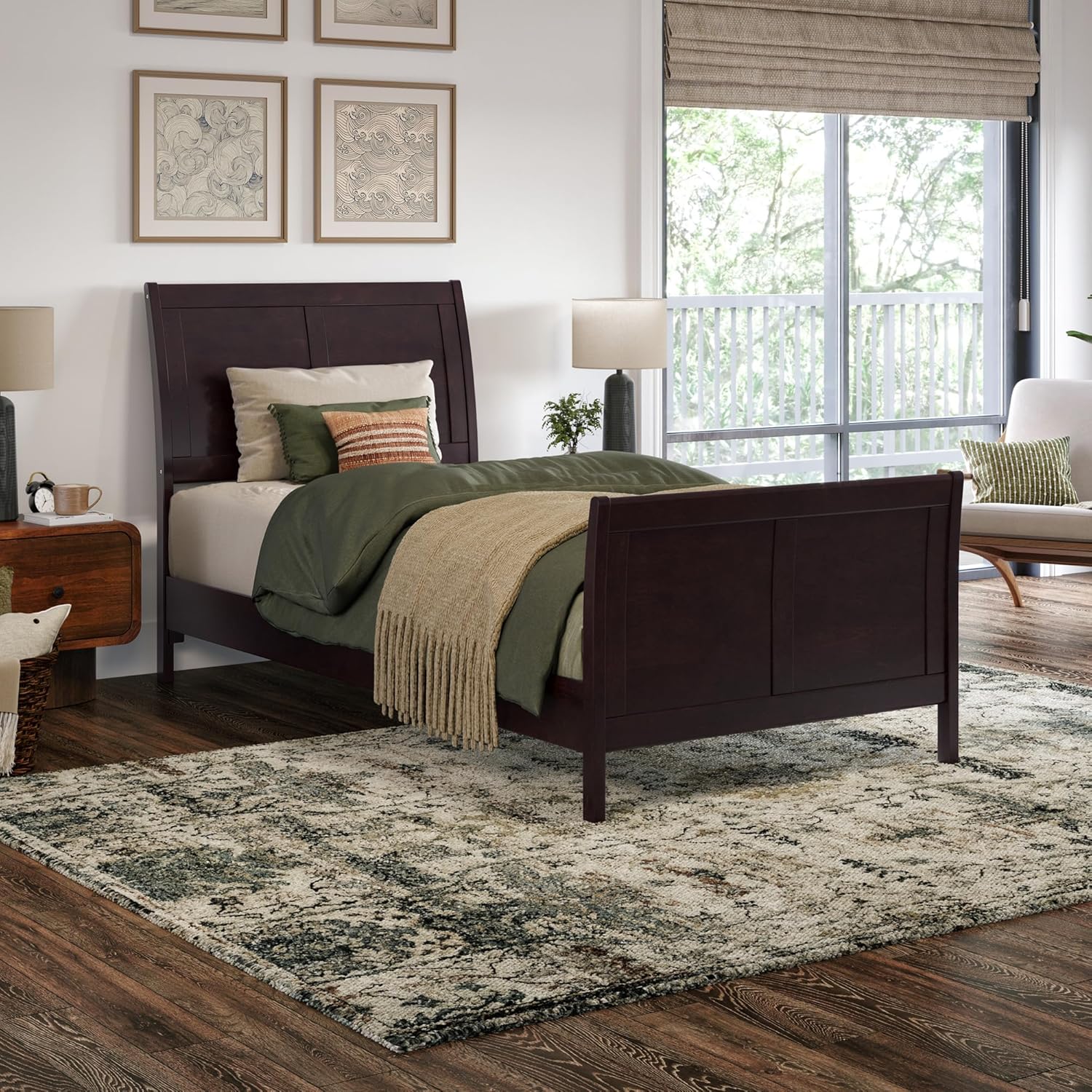 AFI, Valencia Twin XL Solid Wood Low Profile Sleigh Platform Bed with Matching Footboard, Espresso