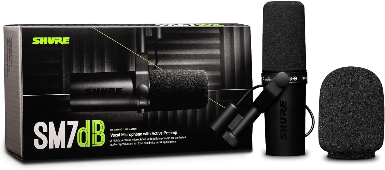 Shure SM7dB Dynamic Studio Microphone with Built-in Preamp – XLR Mic for Podcasting, Streaming & Vocal Recording, Wide Frequency Range, Smooth Warm Audio, Detachable Windscreen, Black
