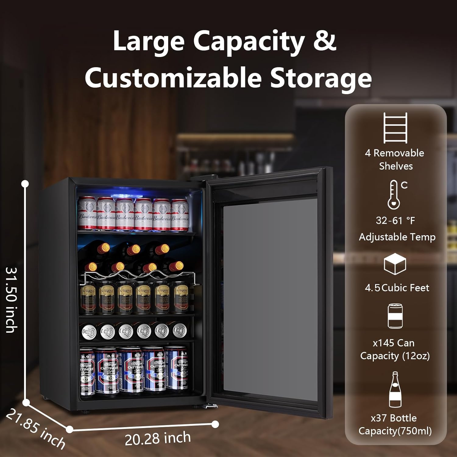 Electactic 37 Bottle Wine Fridge,Freestanding 145 Can Beverage Refrigerator with Smart Temperature Control .4.5 CU FT Quiet Mini Fridge with Child Lock Panel for Family Restaurant Bar, Black