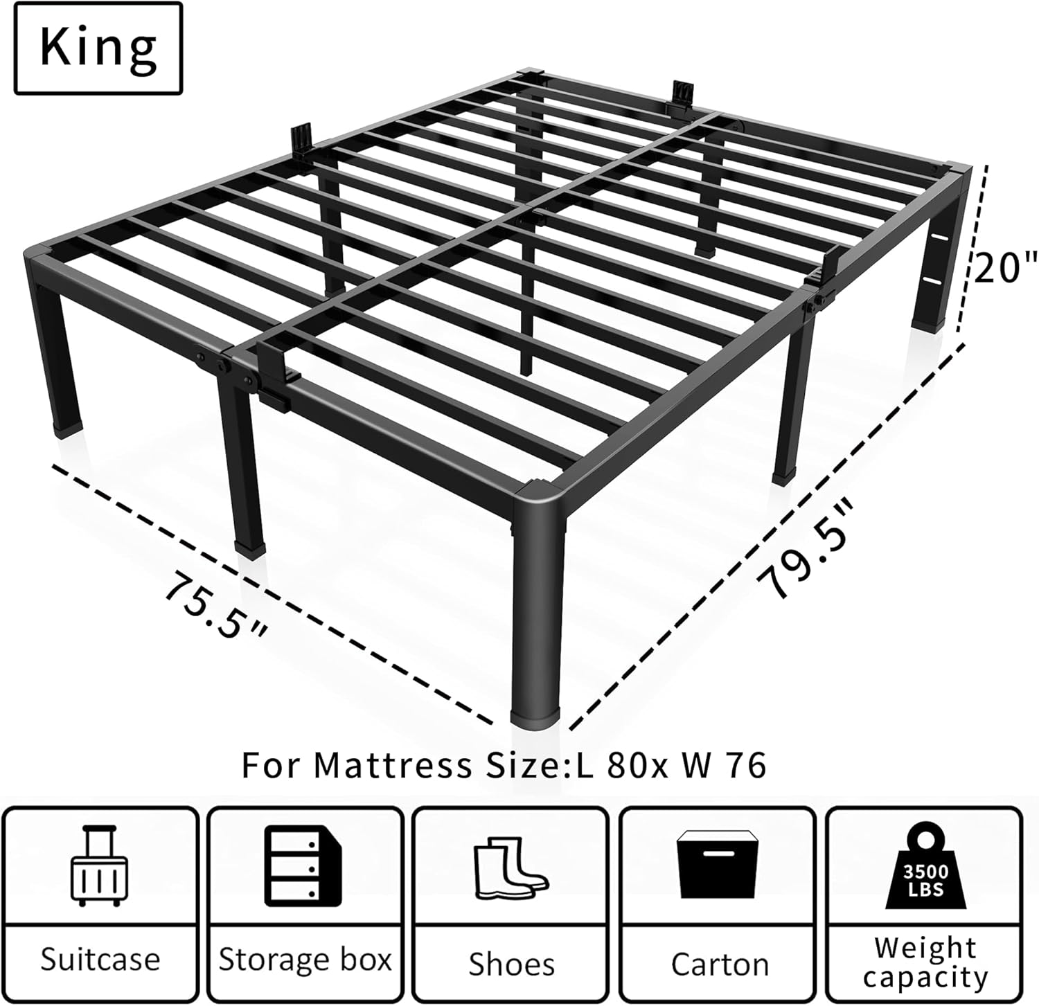 ROIL 20 Inch King Bed Frame with Rounded Corner and Headboard Hole Mattress Retainers 3500LBS Metal Heavy Duty Steel Slats No Box Spring Needed Platform Noise-Free Easy Assembly