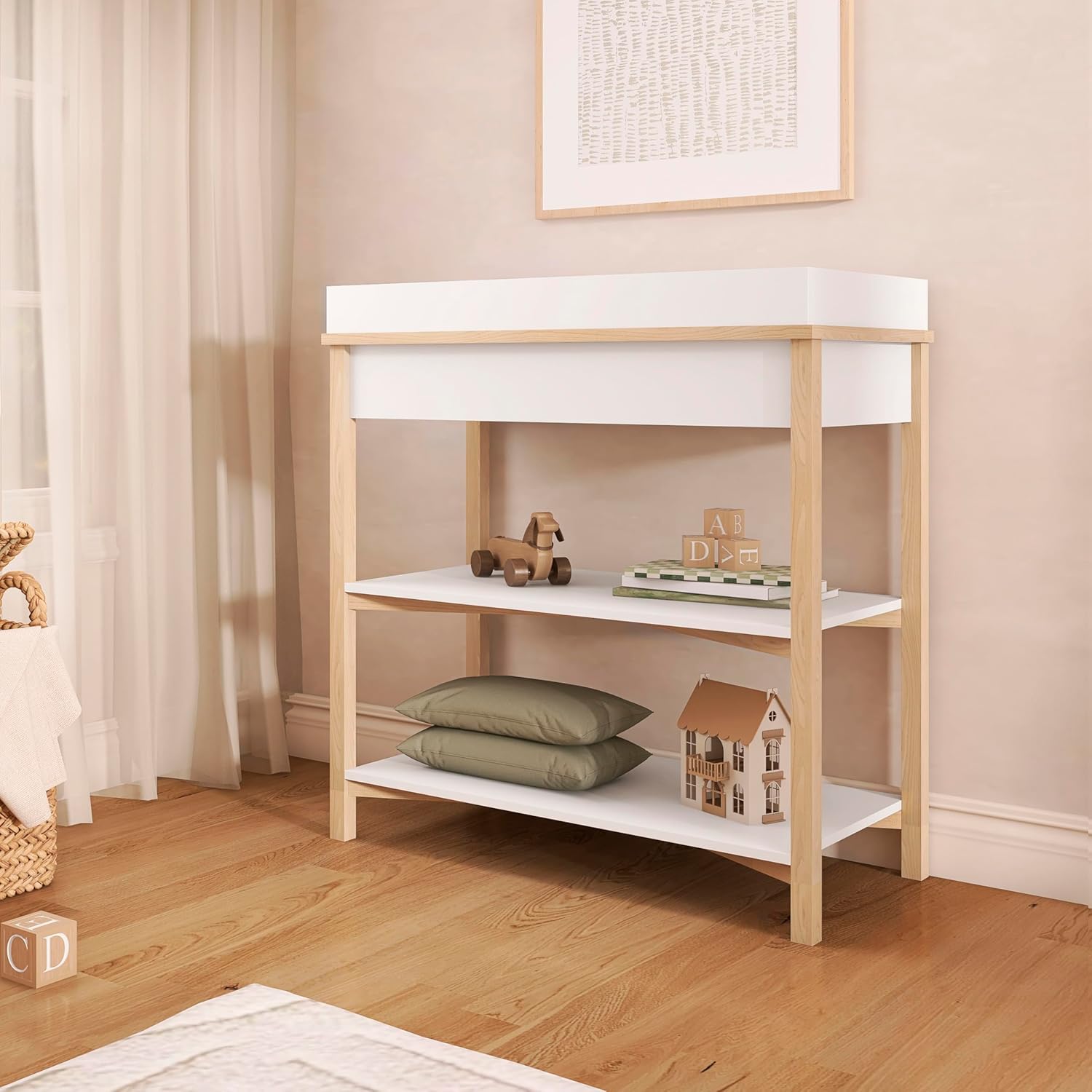 Dream On Me Owen Baby Changing Table, Removable Changing Tray, Spacious Top Storage Drawer, Two Open Shelves, Safety Brackets, BSA Certified Modern Nursery Furniture – Vintage White Oak