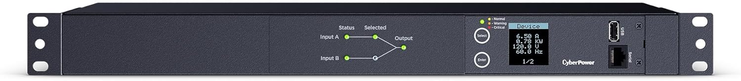 CyberPower PDU24002 Metered ATS PDU, 100-120V, 20A (Derated to 16A), 10 Outlets, 1U Rackmount