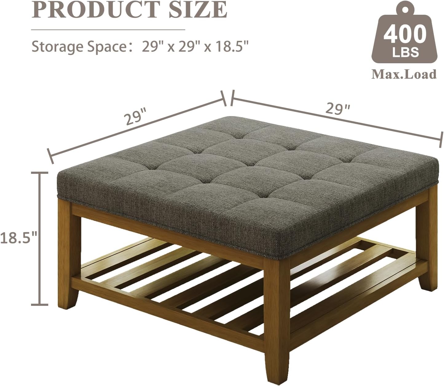 Befurtori Large Square Ottoman Coffee Table, Linen Solid Upholstered Footrest Ottoman with Solid Wood Shelf Storage Tufted Coffee Table for Bedroom Living Room, Granite