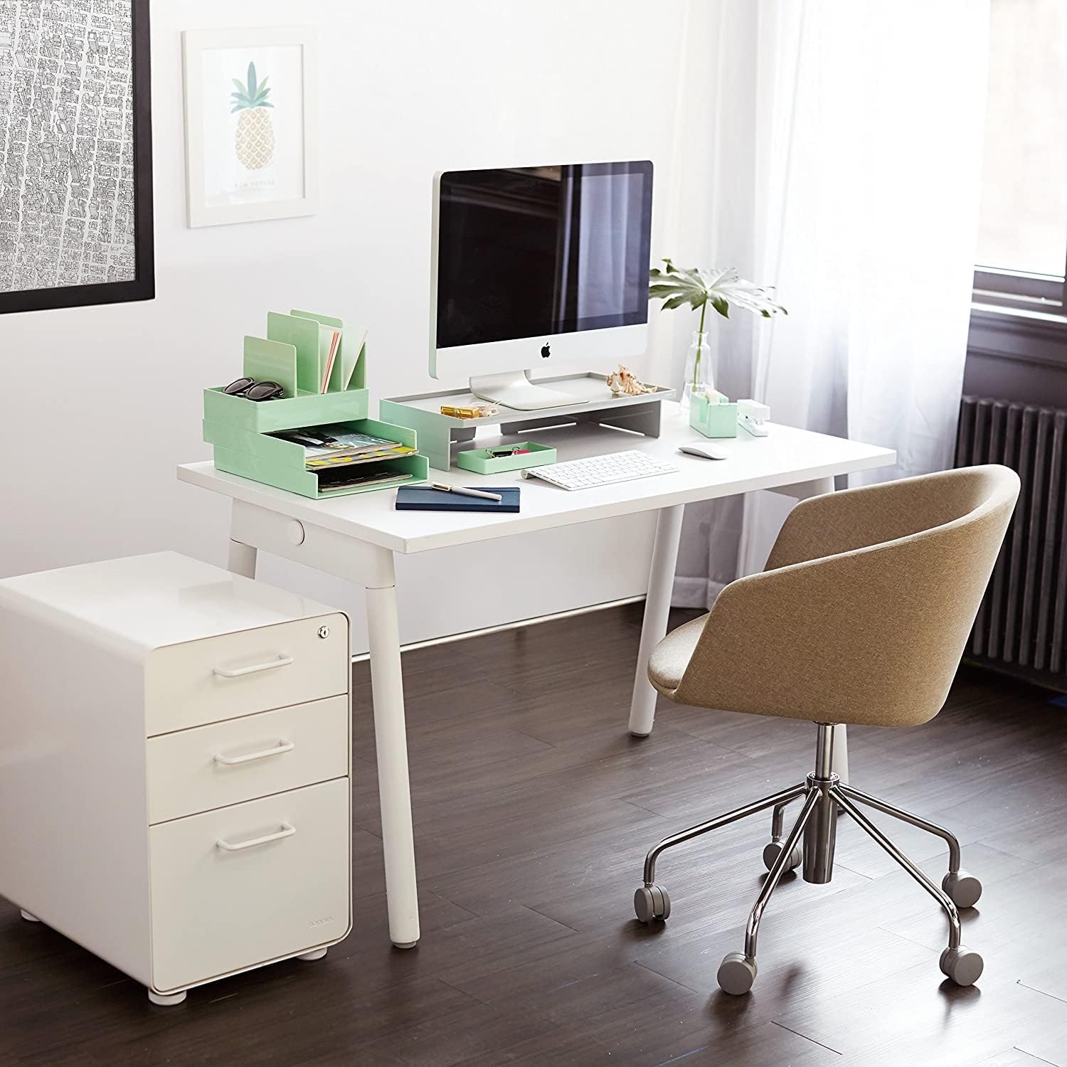 Poppin Stow 3-Drawer File Cabinet - White, 2 Utility Drawers and 1 Hanging File Drawer, Fully Painted Inside and Out, Powder-Coated Steel, Two Keys Included, Stationary
