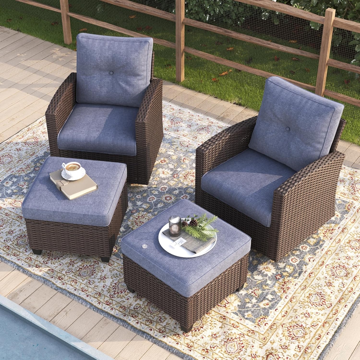 4 Pieces Patio Furniture Swivel Chairs Set, Outdoor Wicker Glider Rocking Chairs with Ottoman Set