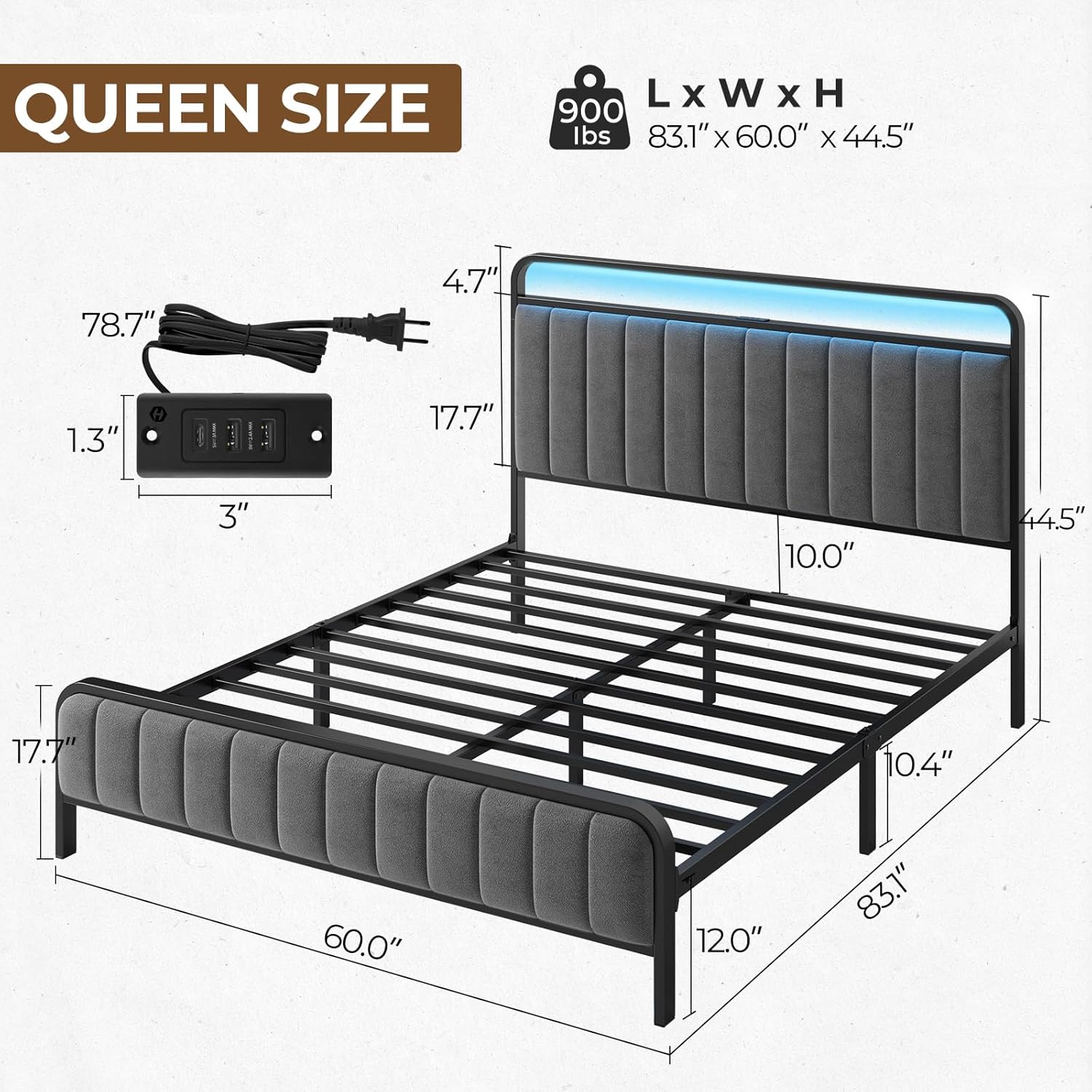 Rolanstar Queen Size Bed Frame with LED Light and Charging Station, Upholstered Headboard and Footboard, Metal Slat, Noise Free, Easy Assembly, Dark Gray