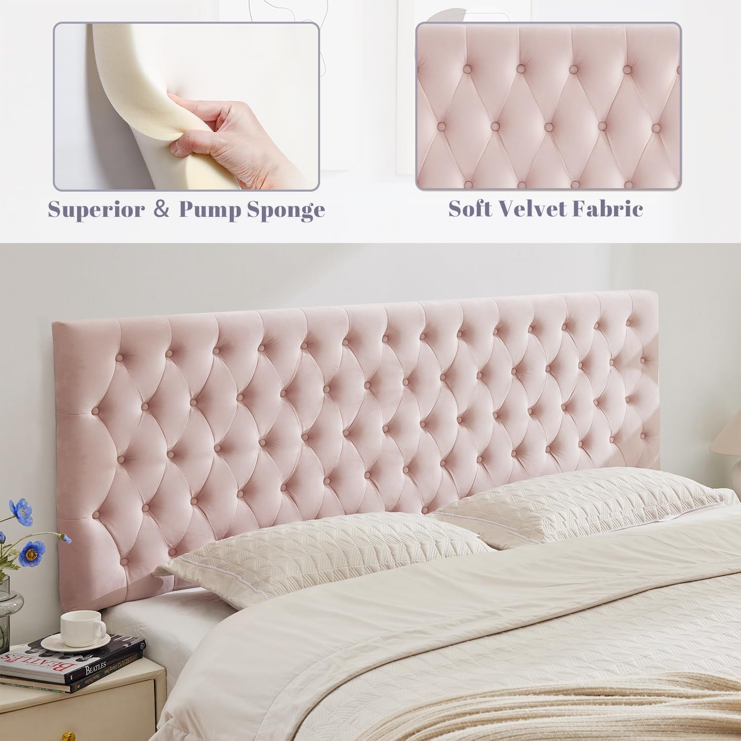 Kingfun Upholstered King Headboard Only, Premium Velvet Button Tufted Headboards, Adjustable Solid Wood Head Board, Padded Headboard with Solid Wood Legs in Bedroom (Pink)