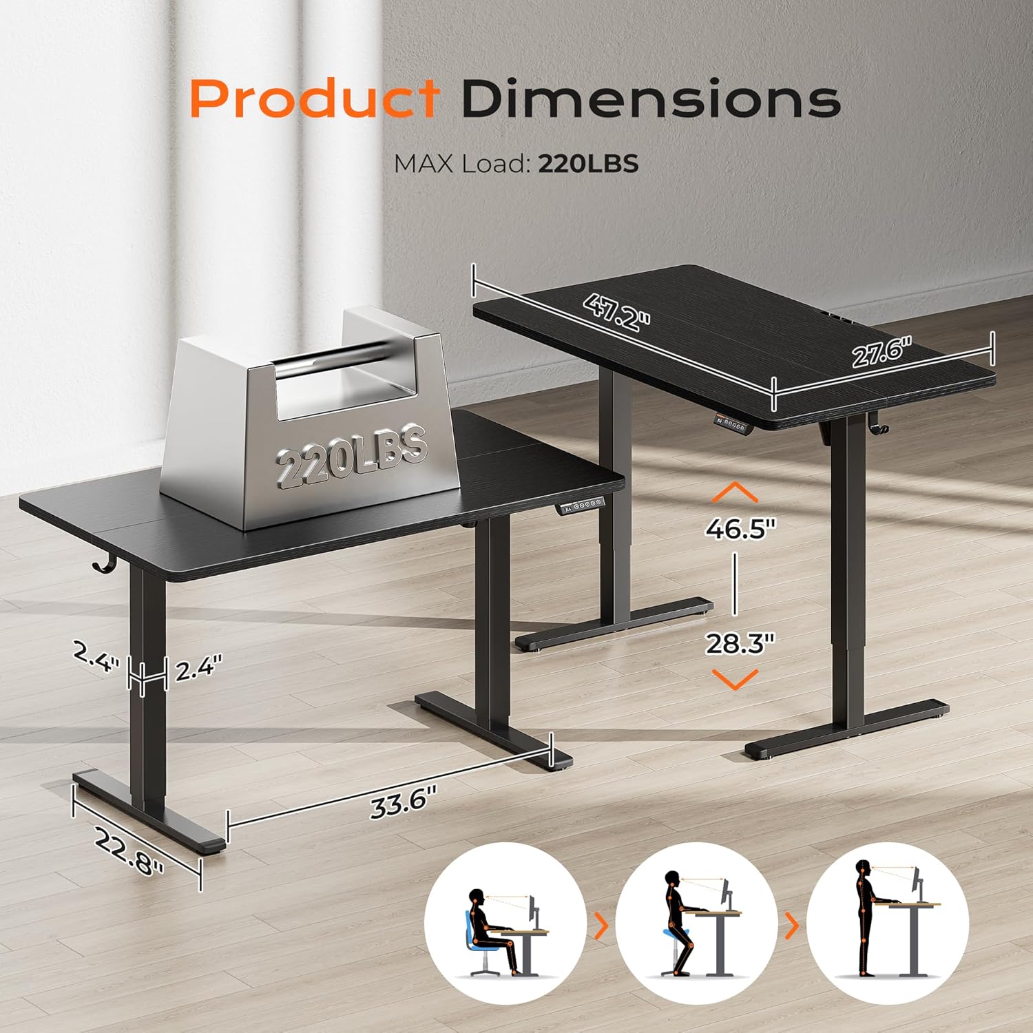 Huuger 48 x 28 Large Electric Standing Desk, Height Adjustable Desk, 27.6