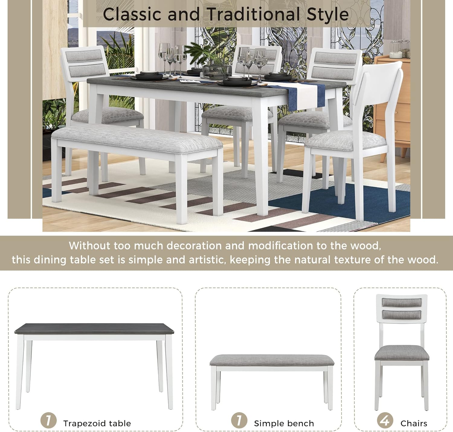 Harper & Bright Designs Kitchen Dining Table Set for 6, Classic and Traditional Style 6 Piece Kitchen Dining Table Set, 4 Upholstered Chairs & Bench (White+Gray)