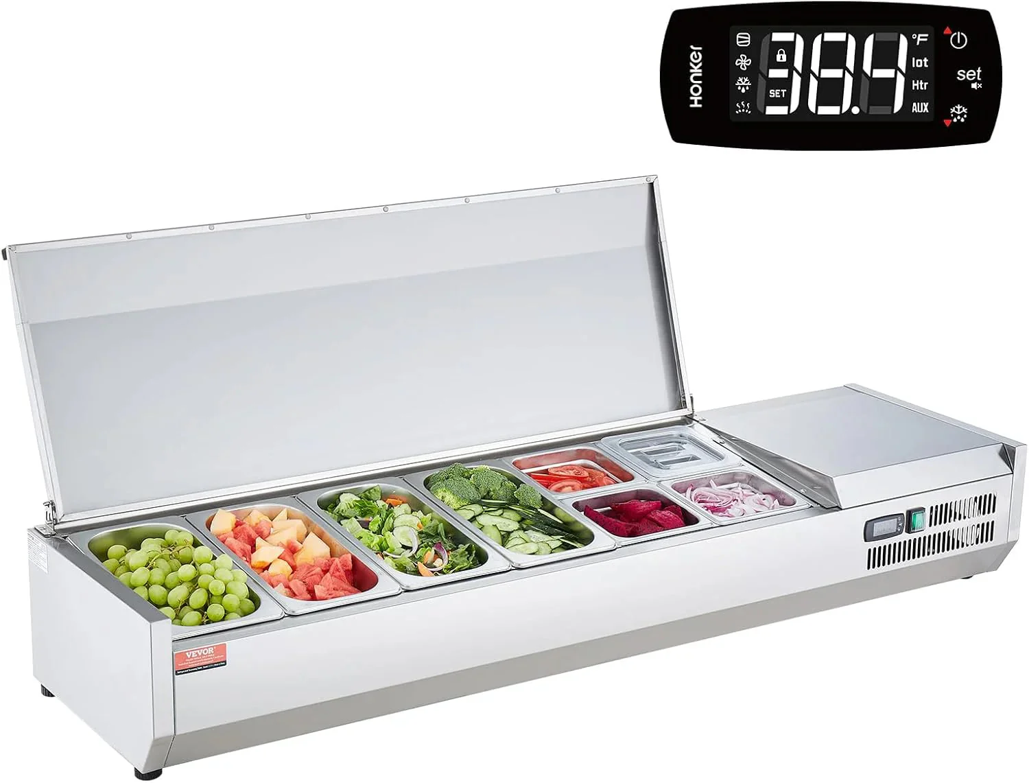Refrigerated Condiment Prep Station, 135 W Countertop Refrigerated Condiment Station, with 2 1/3 Pans & 4 1/6 Pans, 304 Stainless Body and PC Lid, Sandwich Prep Table with Stainless Guard, ETL