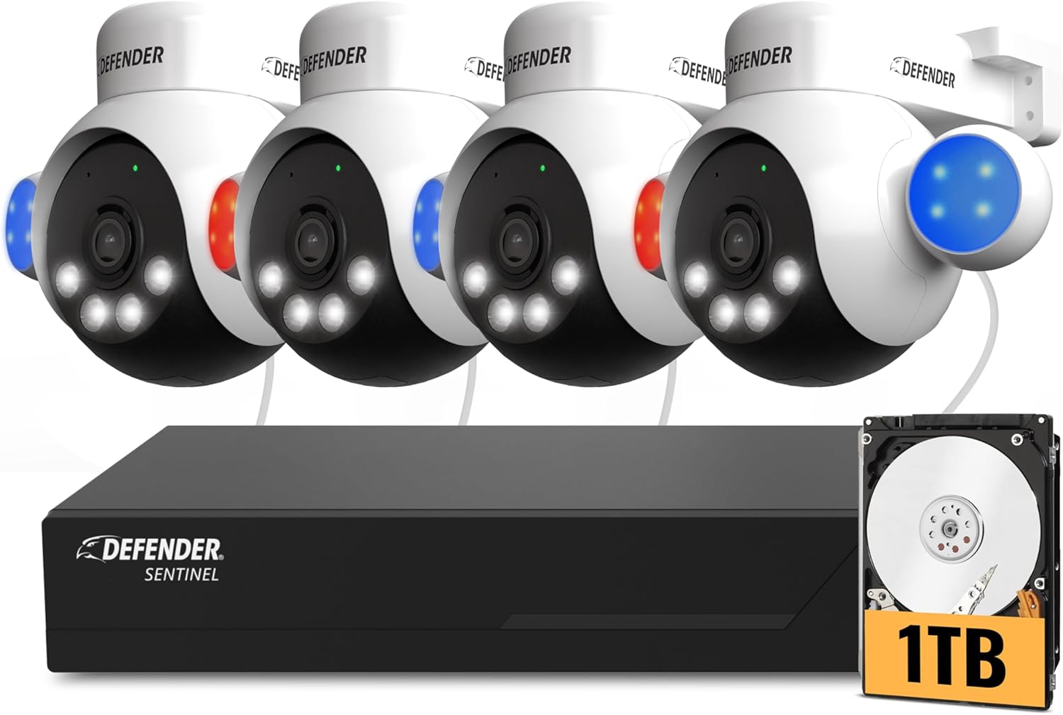 Defender AI Powered Sentinel 4K Wired Security Camera System, 360° PTZ Security Camera System with AI Tracking, Smart Human Detection, Blue-Red Light Deterrence, and Color Night Vision | 4 Cameras 1TB