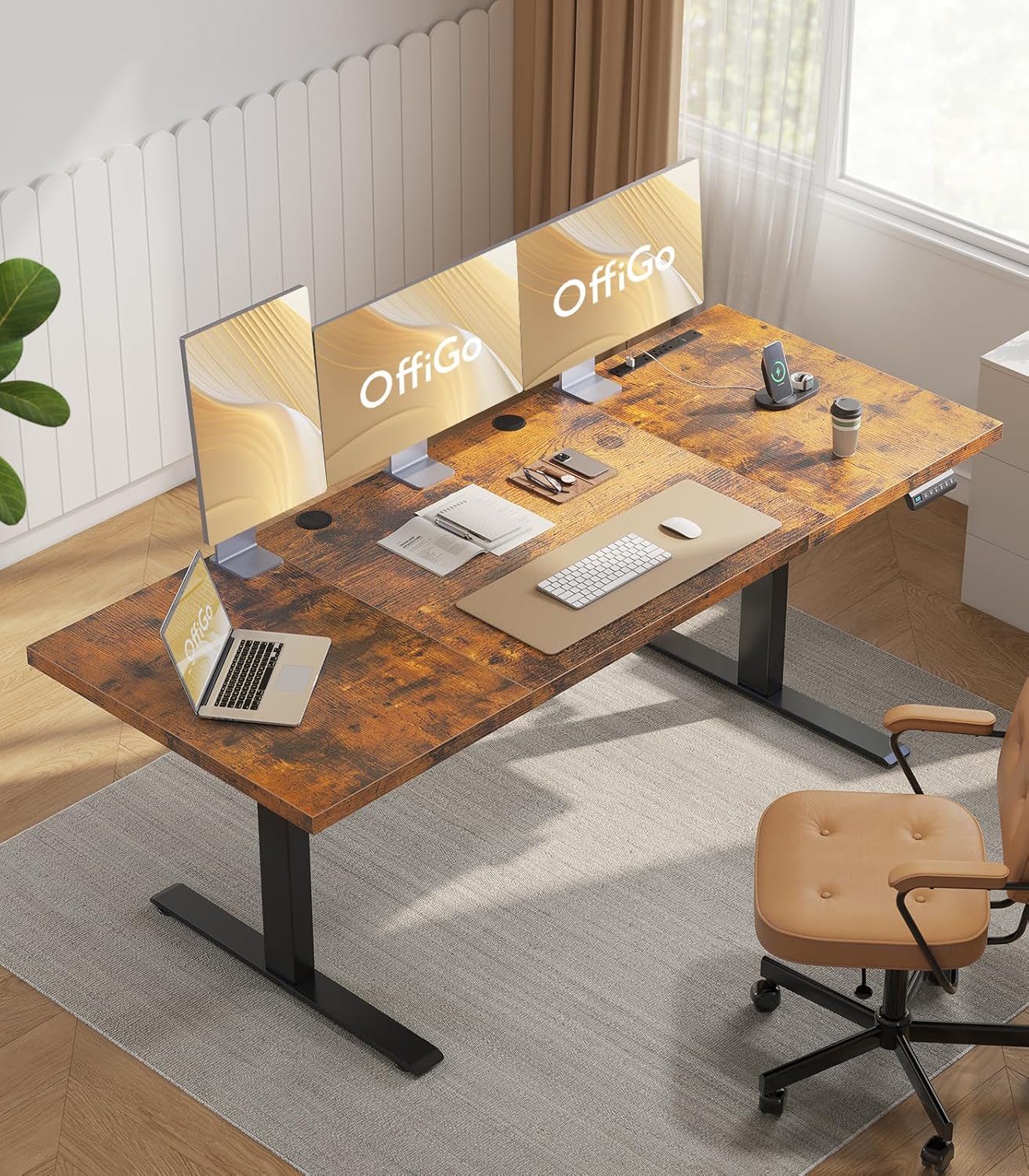 OffiGo 79 Inch Executive Electric Standing Desk, Height Adjustable Desk with Power Outlet & 1.38