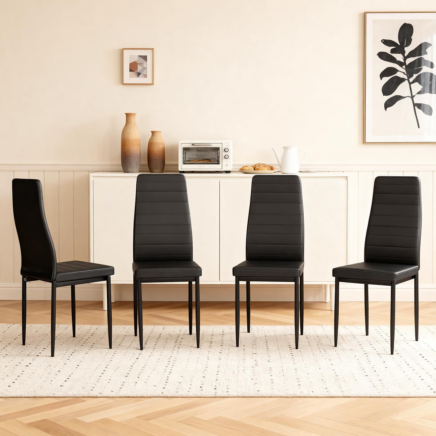 FDW | Dining Chairs Set of 4 | Black | Kitchen Chairs 4 Upholstered Chairs and Faux Leather Cushions | Space-Saving and Modern Design | for Dining Room, Easy to Assemble