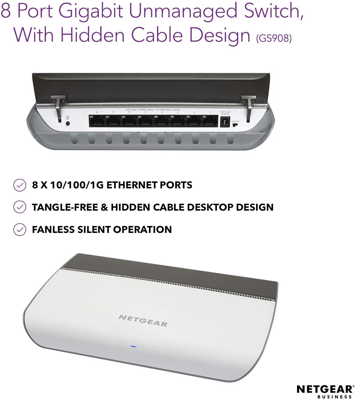 NETGEAR 8-Port Gigabit Ethernet Unmanaged Switch (GS908) - Desktop Housing with Integrated Cable Management, and Fanless Design for Quiet Operation