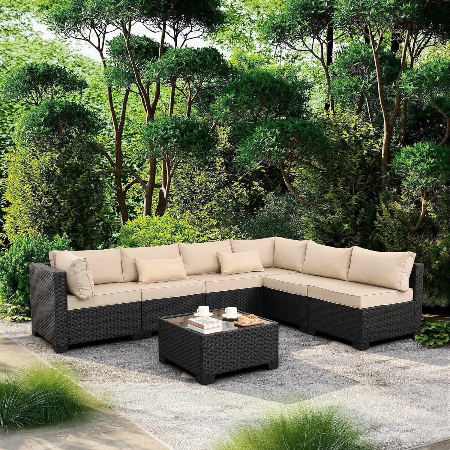 Valita 7 Pieces Outdoor Wicker Furniture Conversation Set Patio Sectional Sofa Set Glass Table with Non-Slip Cushions Furniture Cover, Khaki