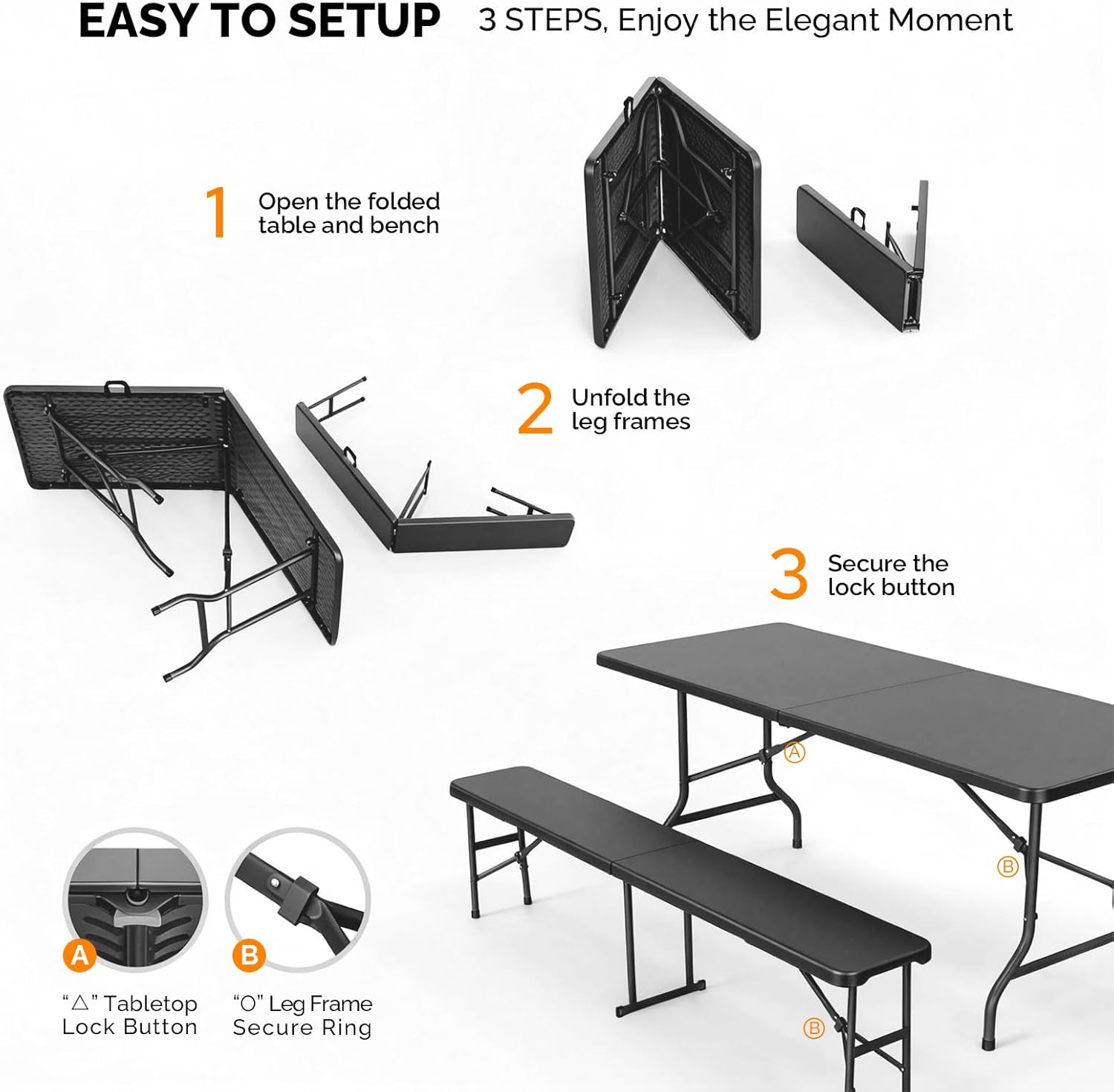 VINGLI Picnic Table Set with 2 Benches, 6 Feet Camping Table Chair Set, 3-Piece Folding Furniture for Indoor or Outdoor Use, Tree Patterned HDPE Tabletop, Black