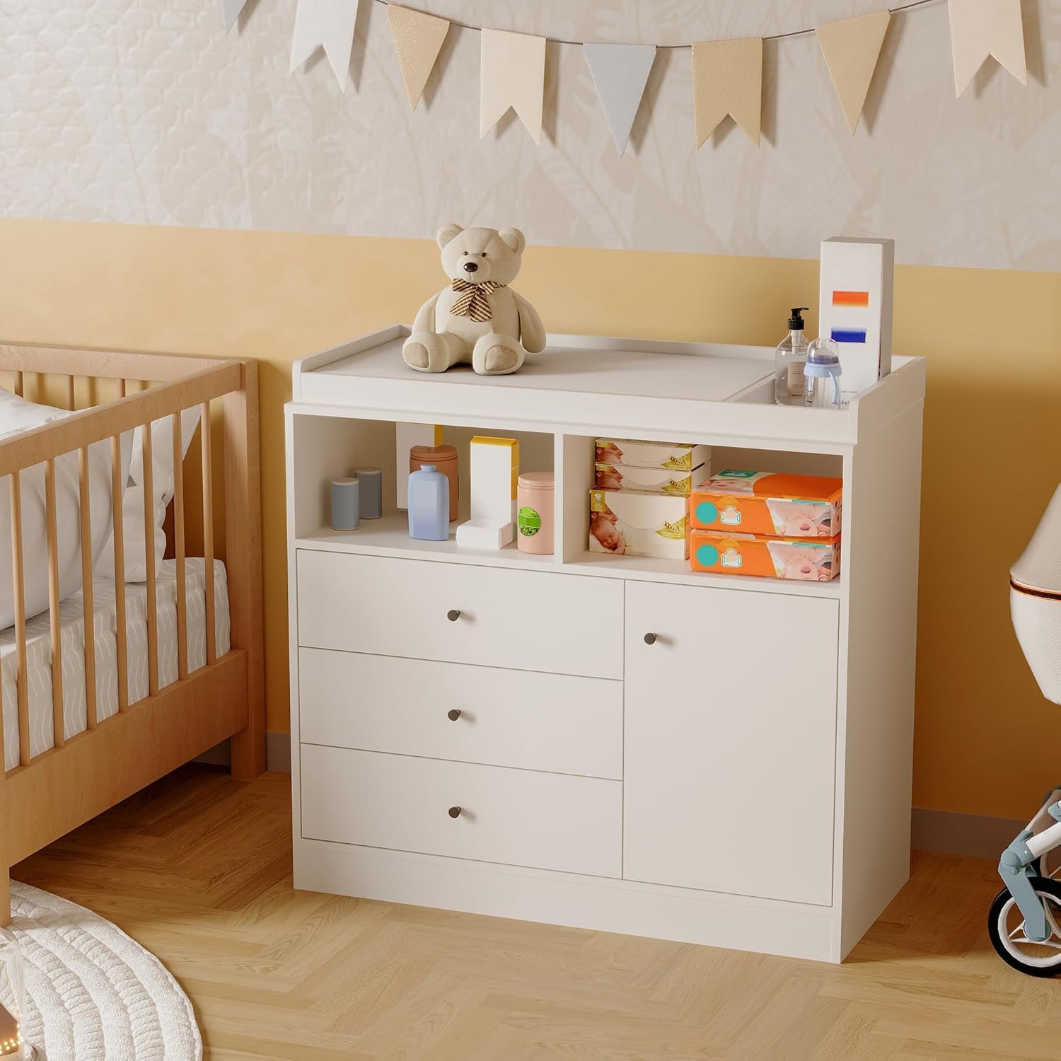 IDEALHOUSE Modern Nursery Dresser Changing Table – Wooden Baby Changing Station with 3 Drawers, Cabinet & 2 Open Shelves – Bedroom or Kids Room Storage Organizer