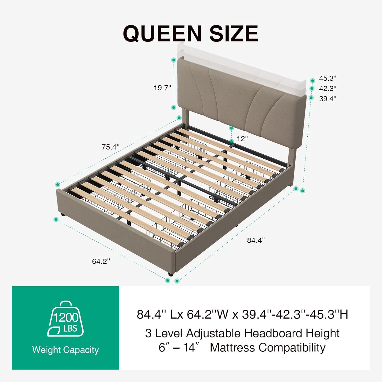 Novilla Queen Bed Frame with Drawers, Queen Bed Frame with Headboard, LED Bed Frame Queen Size, Charging Station and Adjustable Headboard Bed Frame Queen Size, No Box Spring Needed, Beige