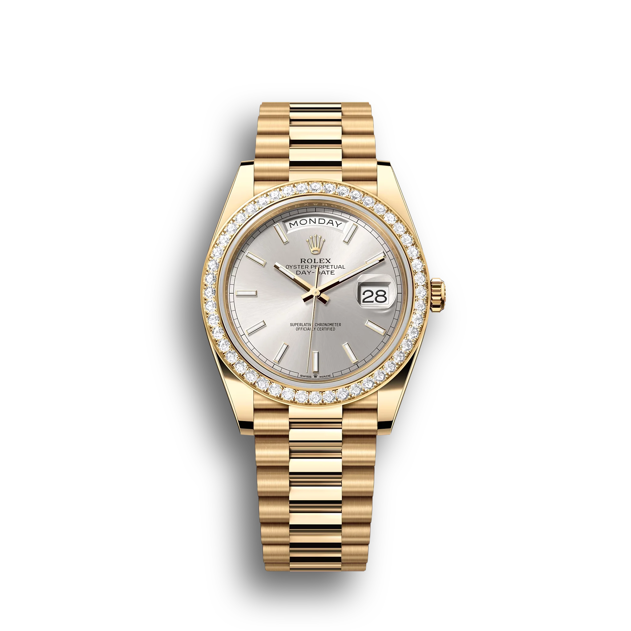 Day-Date: Yellow gold, silver dial, Diamond-set bezel, President bracelet, m228348rbr-0042