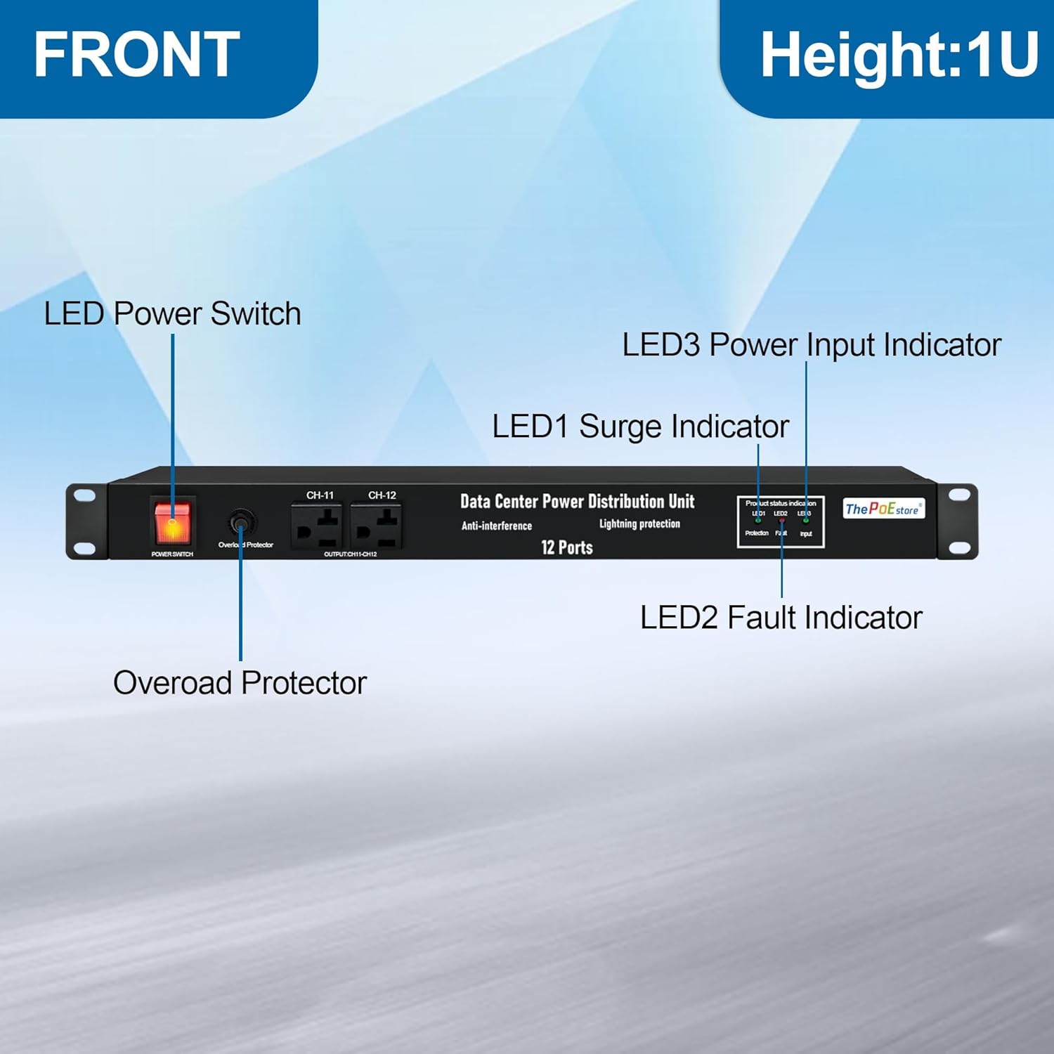 1U Horizontal PDU 19″ Rack Mount Power Strip - Surge Protector, for Network Servers. 12 NEMA 5-15R Outlet, 120V 20A, 3600 Joules 10KA, Heavy-Duty 12 AWG 16 ft Cord, w/AC Filter