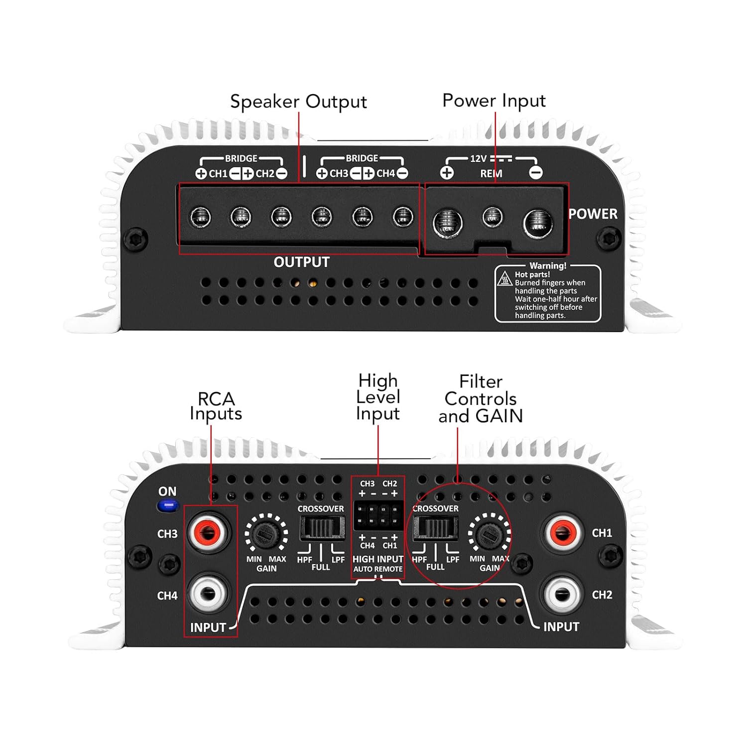 Taramps TS 800x4 1 Ohm Multichannel Stereo Amplifier 800 Watts Rms, 4 Channels, Full Range, Car Audio Amp Digital 2 Bridged Channel, Crossover High/Low Pass, with RCA and Automatic High Level Input